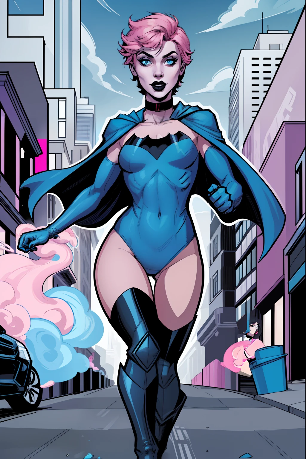 closup face of a woman, running extremely fast, dynemic pose, outside, city street in background, pale blue eyes, detailed short pink hair Short Side Comb haircut, exited expression, black lipstick, small tits, wearing a blue swimsuit, blue gloves, blue tall boots, blue cape with collar, comic book style, flat shaded, prominent comic book outline linework