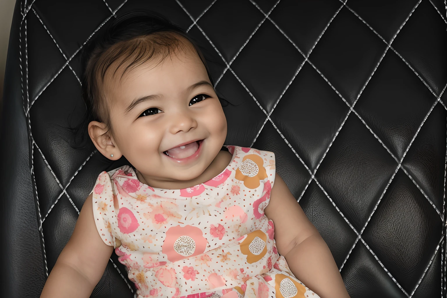 smiling baby sitting on a black leather chair with a pink dress, she is smiling and excited, with a happy expression, babies in her lap, she is smiling and happy, joyful look, with a beautifull smile, cute smile, cute face, impish smile, big smile on her face, innocent smile, lovely smile, sweet smile, rosey cheeks