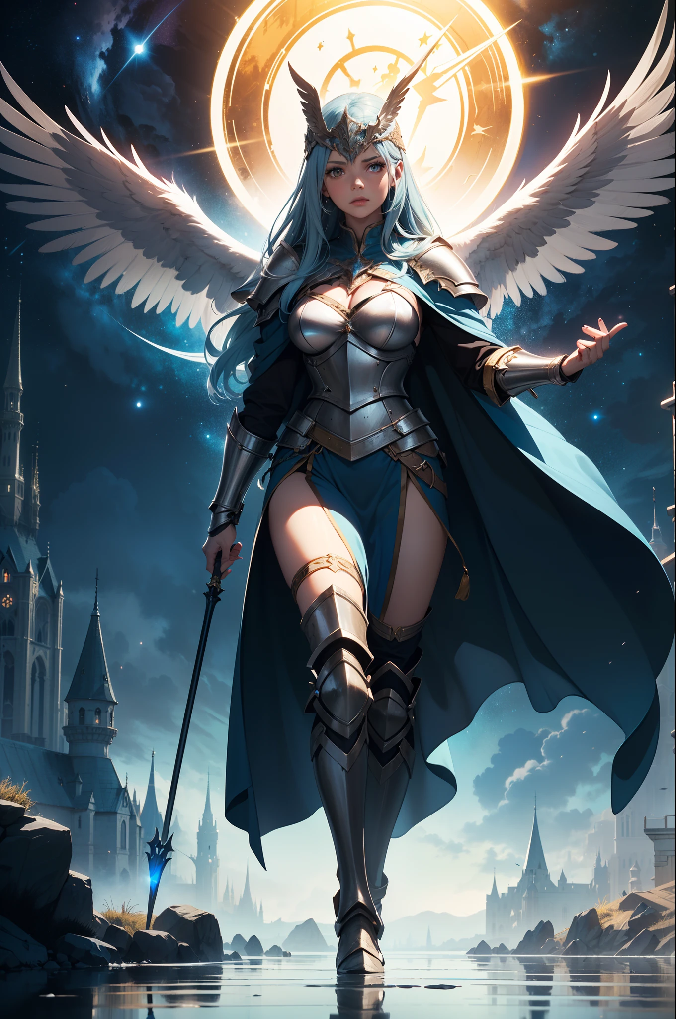 ((Extremely Realistic, Cinema Lighting, Realistic Textures, Vivid Colors, 8k, Masterpiece)). Valkirya wearing shiny silver armor, long light blue hair, holding an eagle-shaped spear, lots of shine and reflection, in the background a celestial castle, night weather.