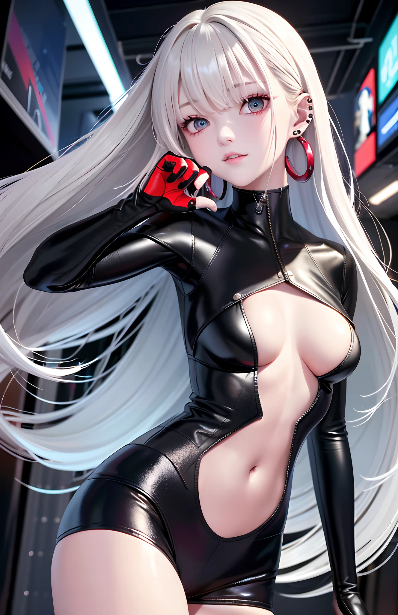 optimum，tmasterpiece，A high resolution，best qualtiy，hyper HD，super detailing，Award-Awarded，16k，独奏，（The upper part of the body），anatomy correct，Beautiful cyberpunk girl，cute  face，，Gradient Beige Hair，Hairline，（（Scarlet eyes）），long eyelasher，Hanging eye corners，White skin of the，（small boobs），（Slim body），（（Windproof jacket uniform）），（），ear studs，（neck rings），（Laser material clothing：1.2）