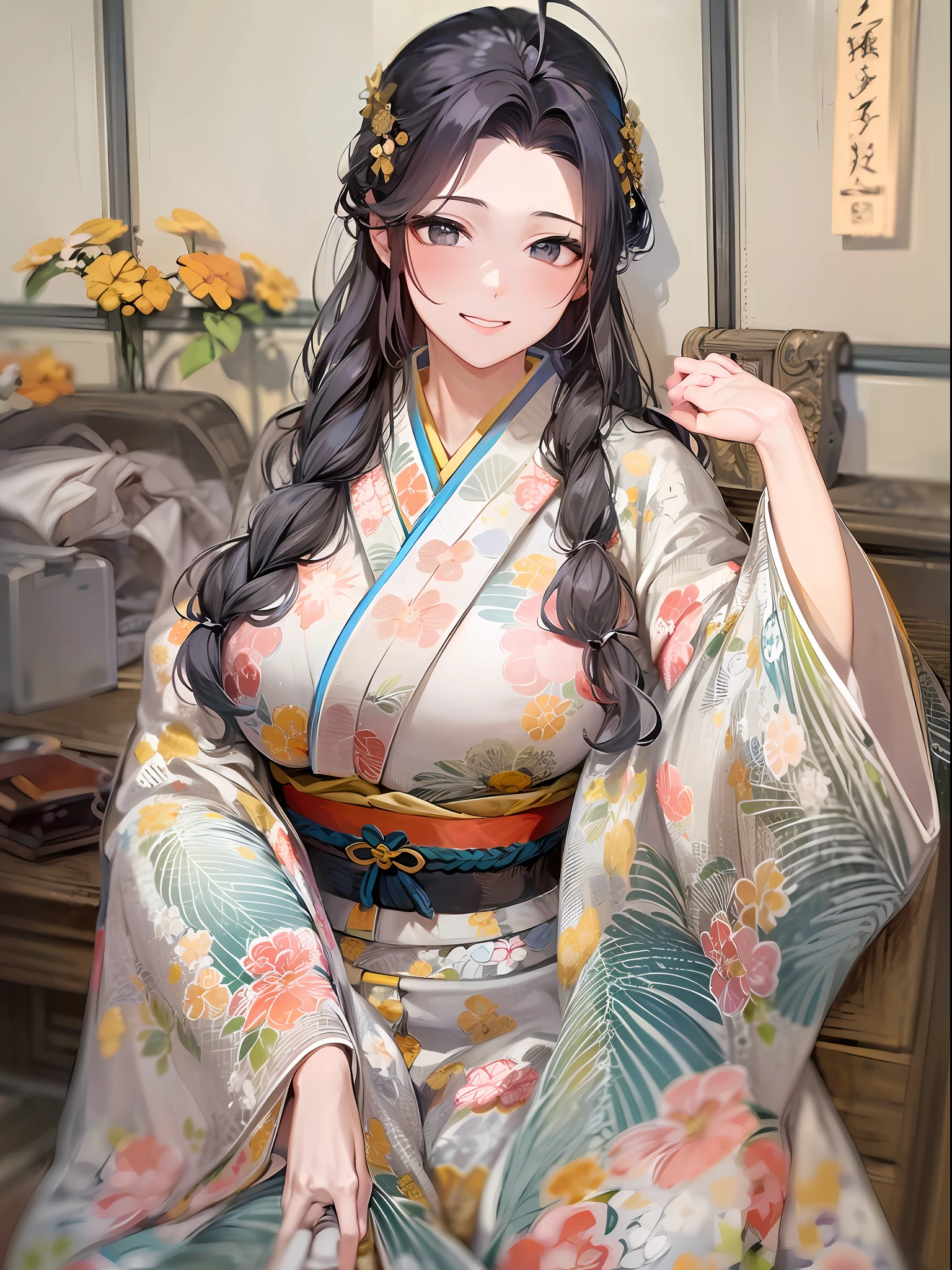 (8K、top-quality、masterpiece)、Taisho Era、japanese kimono、Beautiful adult woman、Graceful,((Super huge Colossal Colossal massive chest)),Pensive、boredom、Sentimental、suffocating、Enlightened smile、long-haired with black hair、Ahoge、braid ponytail、musculature、Muscular beauty、Muscle Beauty、