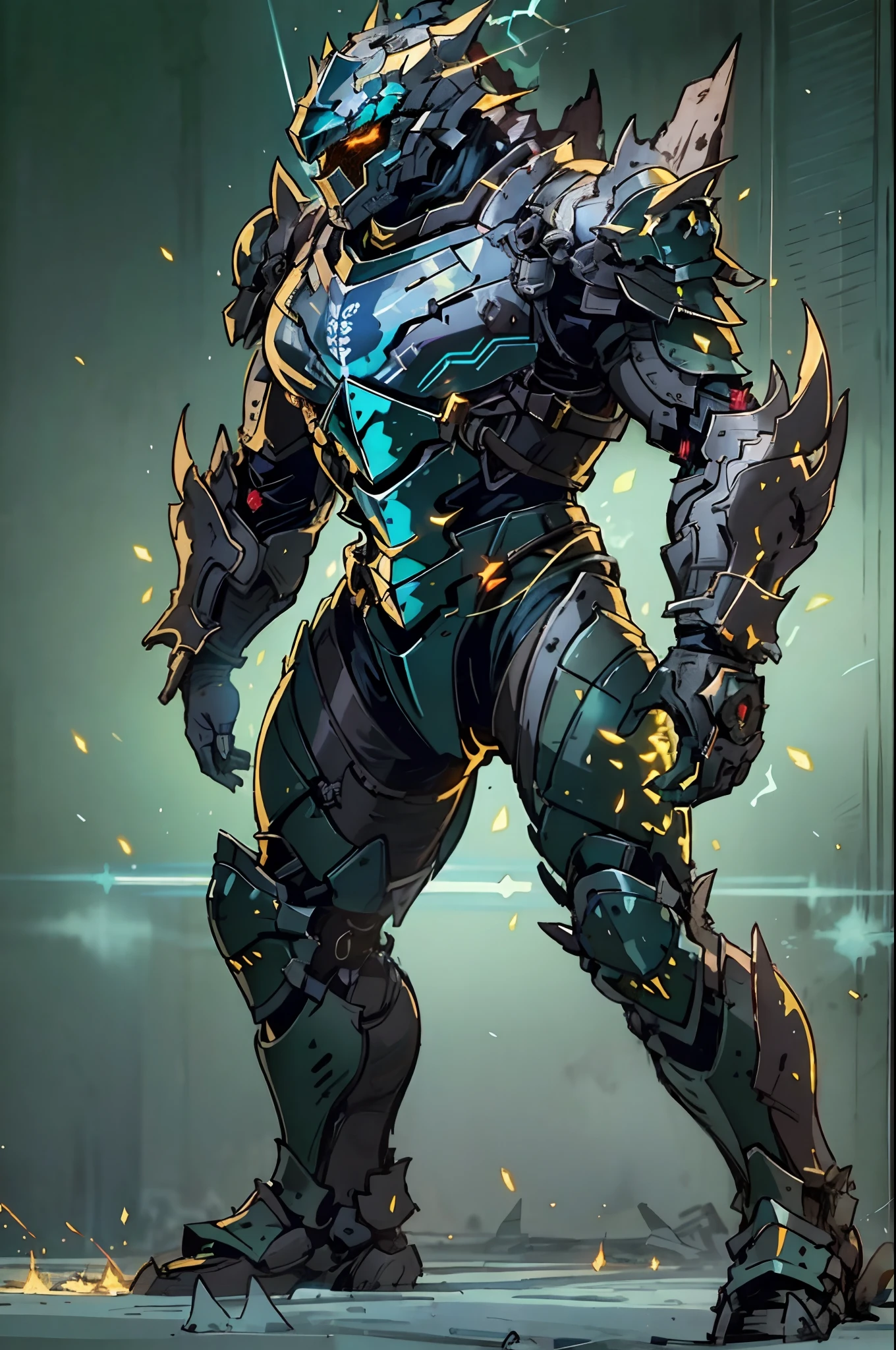 A high-tech combat armor suit inspired by Godzilla concept, Godzilla concept biotech battle armor, (Natural light, professional lighting:1.2, cinematic lighting:1.5, best shadow), (masterpiece:1.5), high definition, best quality, ultra-detailed, extremely delicate, anatomically correct, creativity, RAW photo, unreal engine 5, High-tech armored suits, psychedelic details, BiophyllTech, (add electric power around), fantasy, ultra intricately detailed, Ultra-complex design, A bio-sensitive high-tech battle armor suit infused with Godzilla characteristics, The angular design on the body is illuminated and the display is charging, (energy waves, Energy particles), octane render, perfect images quality, realistic, sure real, full hd, 32k, ((character concept art)), full body character drawing