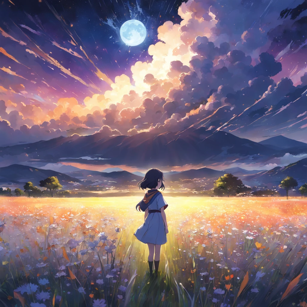 makoto sinkai, expansive landscape photograph , (a view from below that shows sky above and open field below), a girl standing on a flower field looking up, (full moon:1.2), ( shooting stars:0.9), (nebulous:1.3), distant mountains, Tree Break Production Art, (warm light source:1.2), (Firefly:1.2), lamps, There are a lot of purples and oranges., intriciate detail, Volumetric Lighting BREAK (Masterpiece:1.2), (Best Quality), 4k, Ultra-detailed, (Dynamic composition:1.4), highly detaild, Colorful Detail,( Iridescent colors:1.2), (Glowing lights, Atmospheric lighting), Dreamy, Magical, (Solo:1.2)