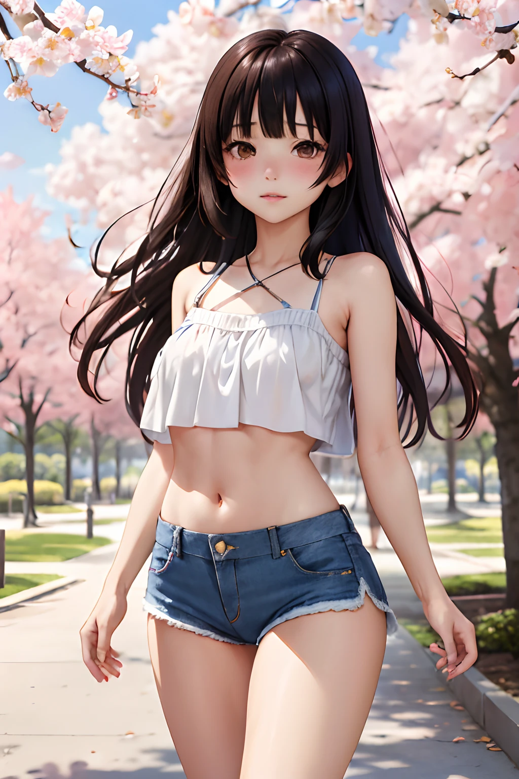 "Create a masterpiece with the best quality and high resolution. The subject is hmjy1, who has long hair with blunt bangs, brown eyes, and is stood in a sunny park with beautiful cherry blossoms. They are wearing a cute top, expositing their midriff with tight ripped blue jean shorts. With a slight blush"