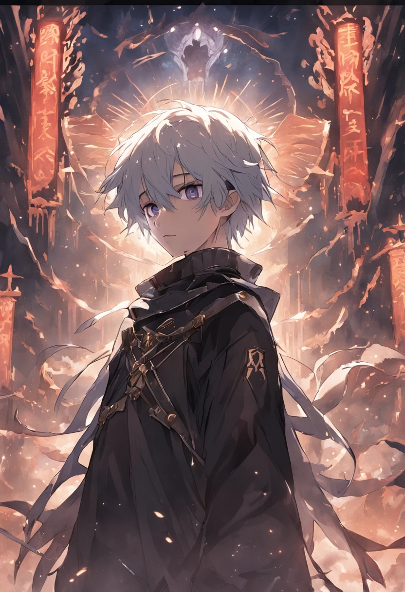 A teenager with black hair and white hair，The hair is almost down to the neck，Wearing a half mask of death，Stand at the junction of light and darkness：HD graphics，holy paladin，Holy Grail War，tarot。