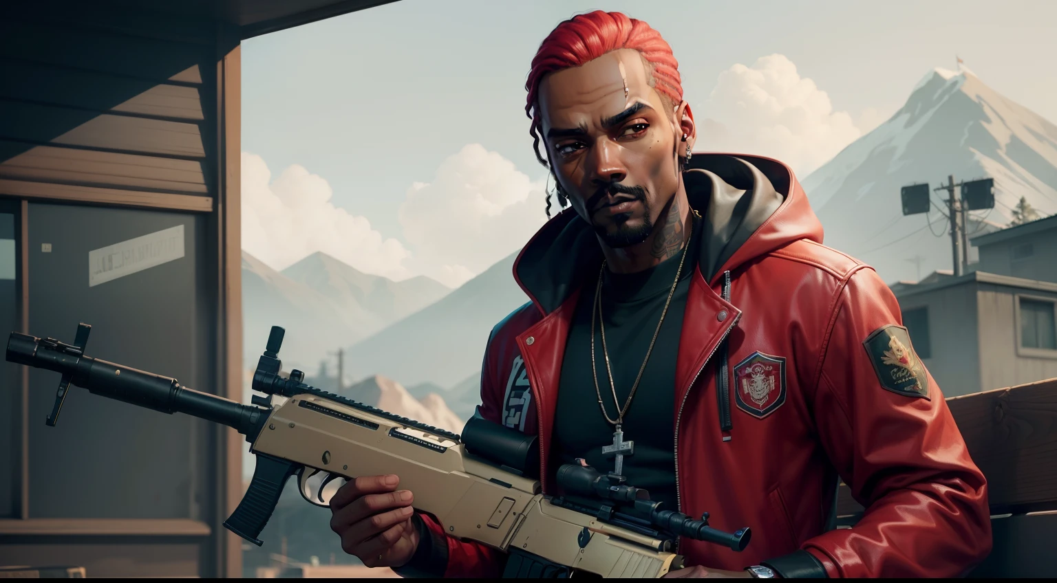 There's a man holding a gun on a wooden deck, gta personagem, Como o protagonista de GTA 5, GTA V Estilo, como um personagem de gtav, Kanye West em GTA v, drake em gta v, Estilo GTA5, gta v personagem, empunhando fuzil de assalto, Snoop Dogg em GTA V, gta 5 tom de pele, Jesse Pinkman em GTA v, jaqueta vermelha,AK-47 rifle
