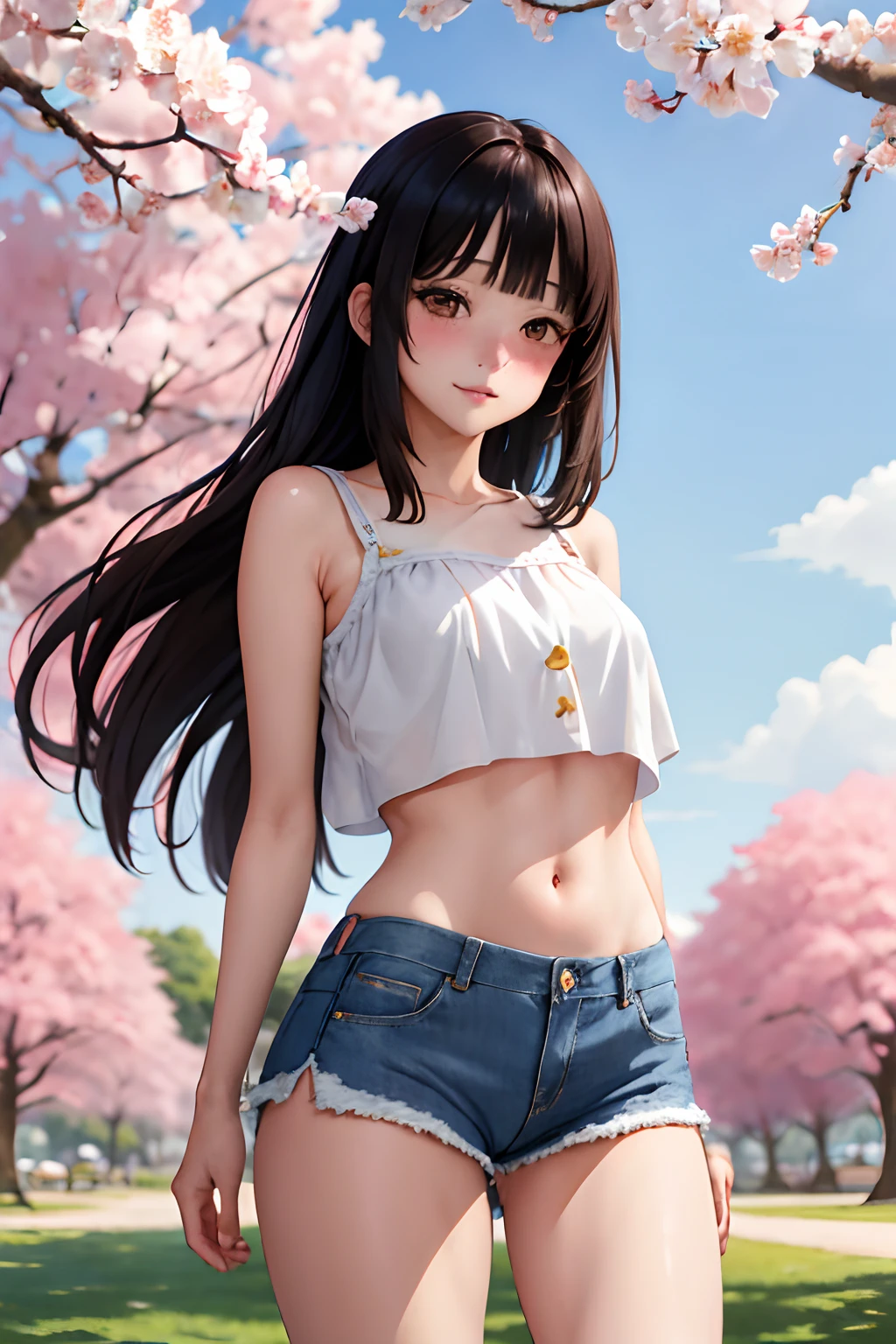 "Create a masterpiece with the best quality and high resolution. The subject is hmjy1, who has long hair with blunt bangs, brown eyes, and is stood in a sunny park with beautiful cherry blossoms. They are wearing a cute top, expositing their midriff with tight ripped blue jean shorts. With a slight blush"