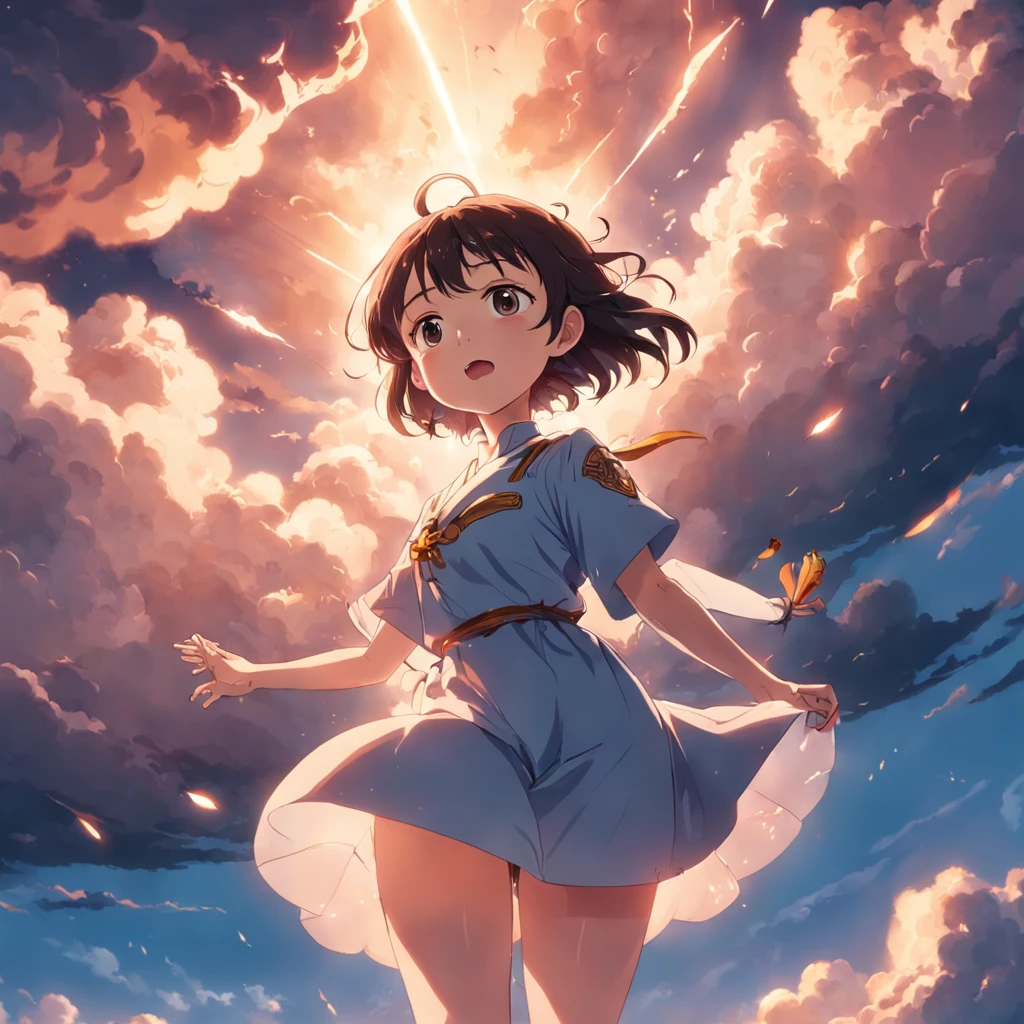 masterpiece, best quality, movie still, 1girl, cloud girl, floating in the sky, close-up, bright, happy, warm soft lighting, sunset, (sparks:0.7)