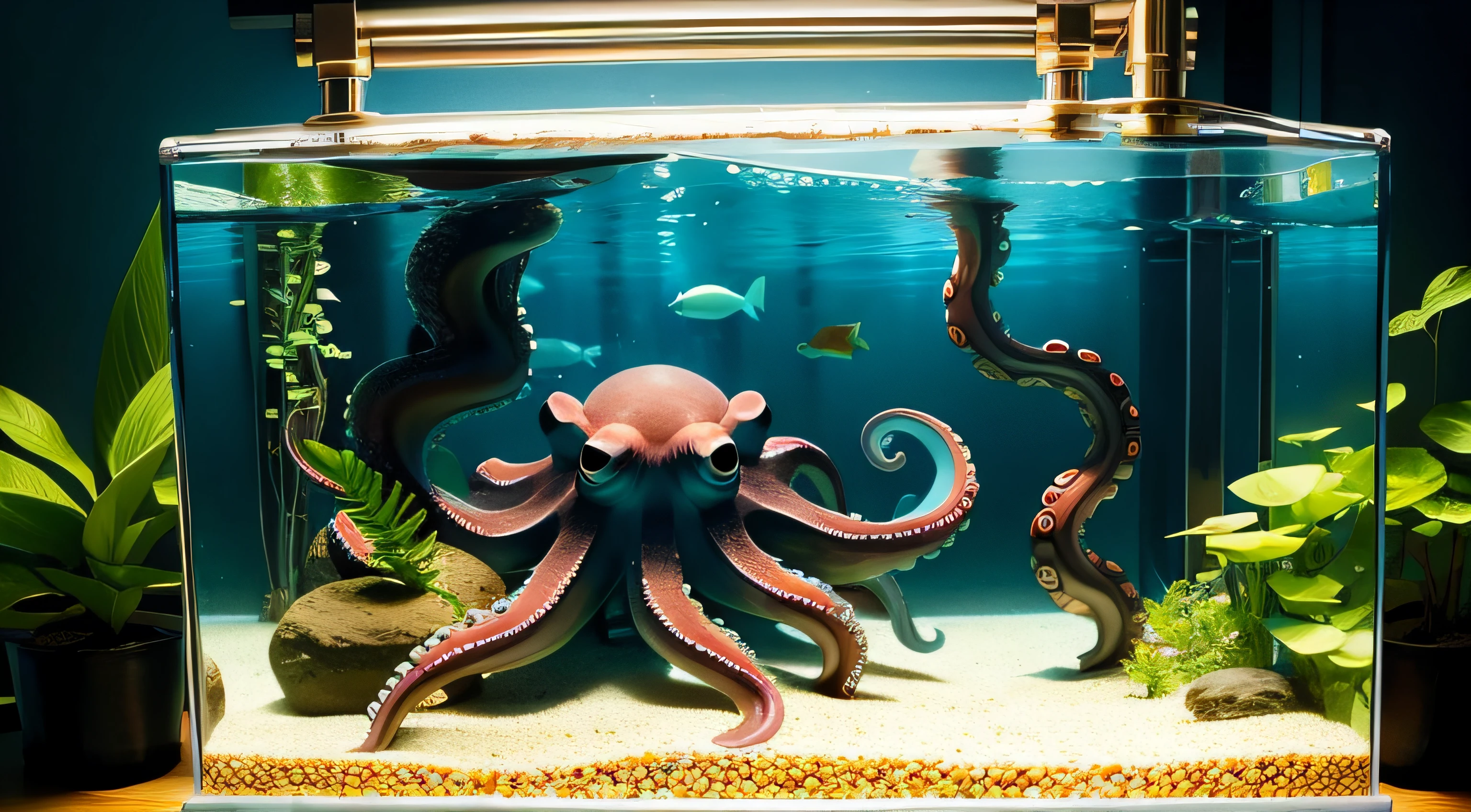 Octopus in a glass jar, In the lab, an octopus, Aquarium, Pounce in the tank, pov