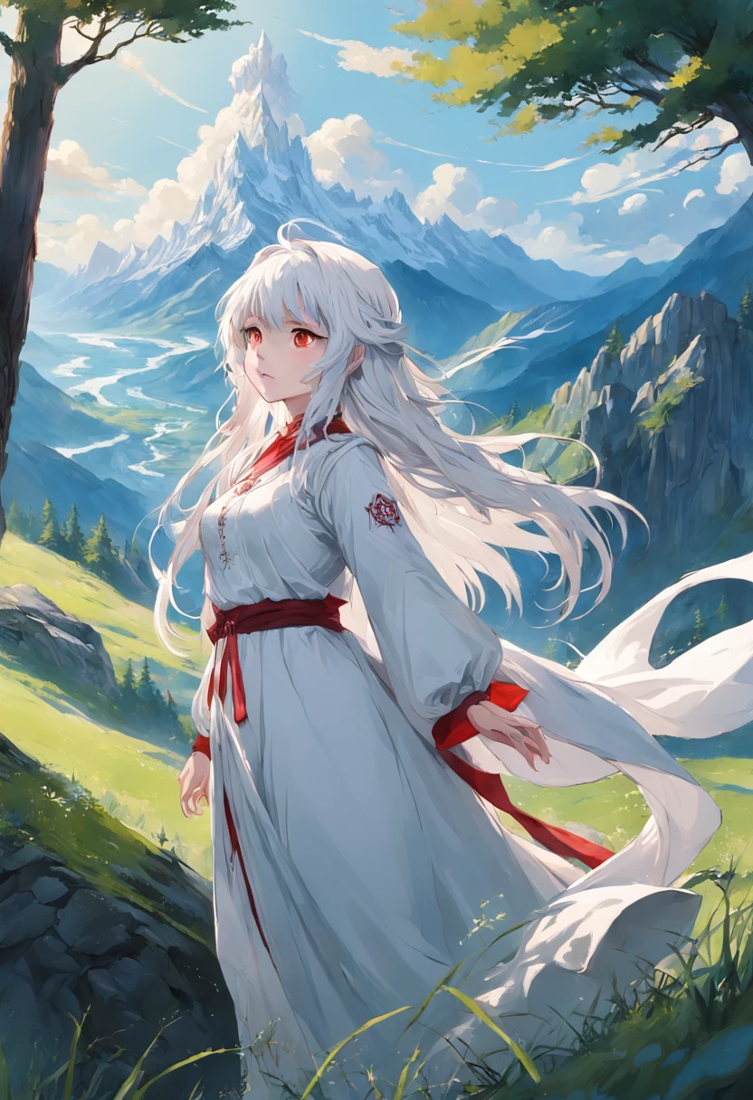 (highly detailed), ((masterpiece)),(Impasto), intricate, church painting,(((1 girl))) , painting frame, fantasy ,delicate grassland,sorceress,shepherd long white hair,red dragon eye,white dress ,(pretty face),beautiful detailed face,extremely delicate and beautiful girls,alps,evergreen coniferous forest ,clear sky ,wind ,beautiful sky ,cumulus
