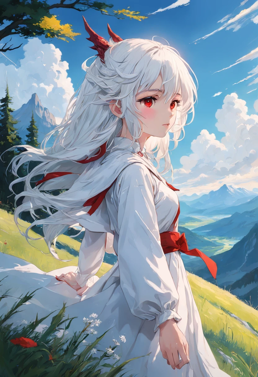 (highly detailed), ((masterpiece)),(Impasto), intricate, church painting,(((1 girl))) , painting frame, fantasy ,delicate grassland,sorceress,shepherd long white hair,red dragon eye,white dress ,(pretty face),beautiful detailed face,extremely delicate and beautiful girls,alps,evergreen coniferous forest ,clear sky ,wind ,beautiful sky ,cumulus