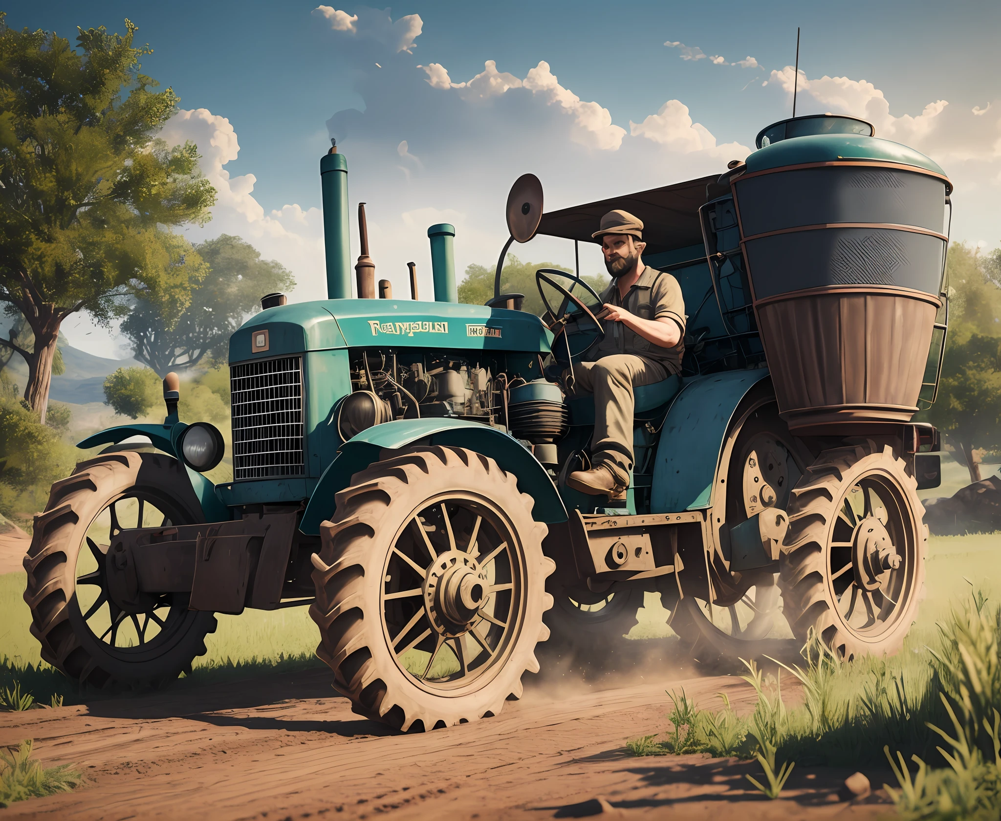 image a working man working in the field, with early 20th century tractor, hyperdetailed, insane detail, beautifully graded colors, Unreal Engine, DOF, super resolution, megapixels, stunning cinematic, anti-aliasing, FKAA, TXAA , RTX, SSAO, post -processing, post production, tone mapping, CGI, VFX, SFX, incredibly detailed and intricate, hyper maximalist, hyper realistic, volumetric, photorealistic, ultra photorealistic, ultra detailed, complex detail, 8K, super detailed, full color, lighting volumetric, HDR, realistic, Unreal Engine, 16K, sharp focus --auto --s2