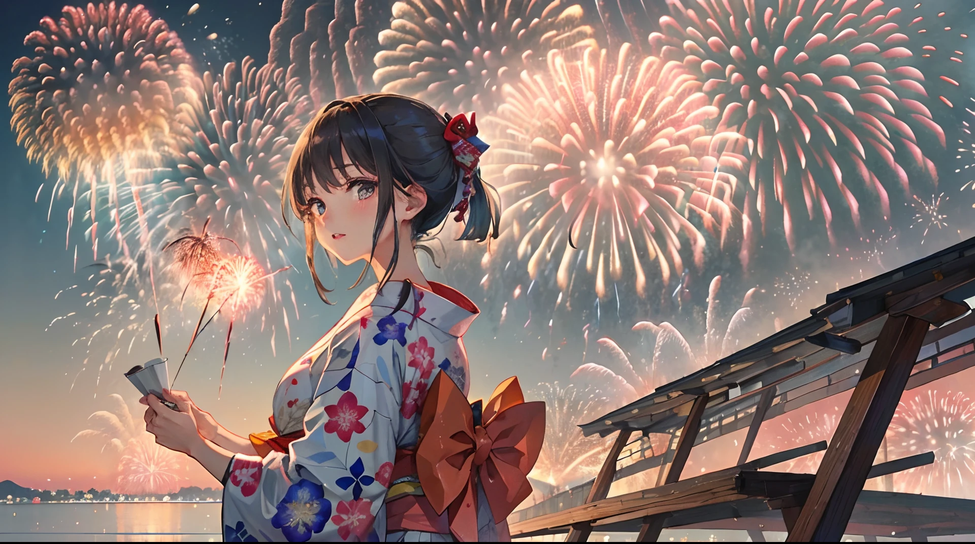 There is a woman wearing a yukata, Watch a spectacular fireworks display. Fireworks are huge and、Symbolizes the summer nights of the Japan's traditional festivals. (((Woman impressed while staring at fireworks))). (Illustrations are of high quality).((Transparent overall)),Fireworks are great