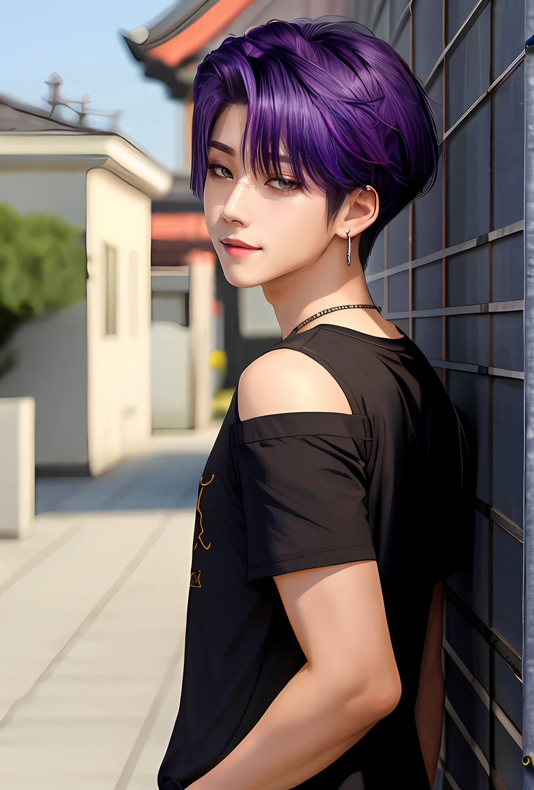 Englandtown, Professional Photos, shot from back, Photographed so that the whole body can be seen, shot from back, By Fedman with a necklace, inspired by Sim Sa-jeong, androgynous vampire, :9 detailed face: 8, extra detailed face, detailed punk hair, ((Gray)) baggy eyes, Seductive. Highly detailed, semi realistic anime, Vampires, hyperrealistic , delicate androgynous prince, imvu, Bright purple hair, Gray eyes, Cool Korean fashion in black short sleeve t-shirt, Hiding both eyes with bangs, I can't see both eyes with bangs, Long bangs, short hair above the ears, Glaring expression, Wild look, Grinning expression, looking distantly, high-level image quality, ​masterpiece,