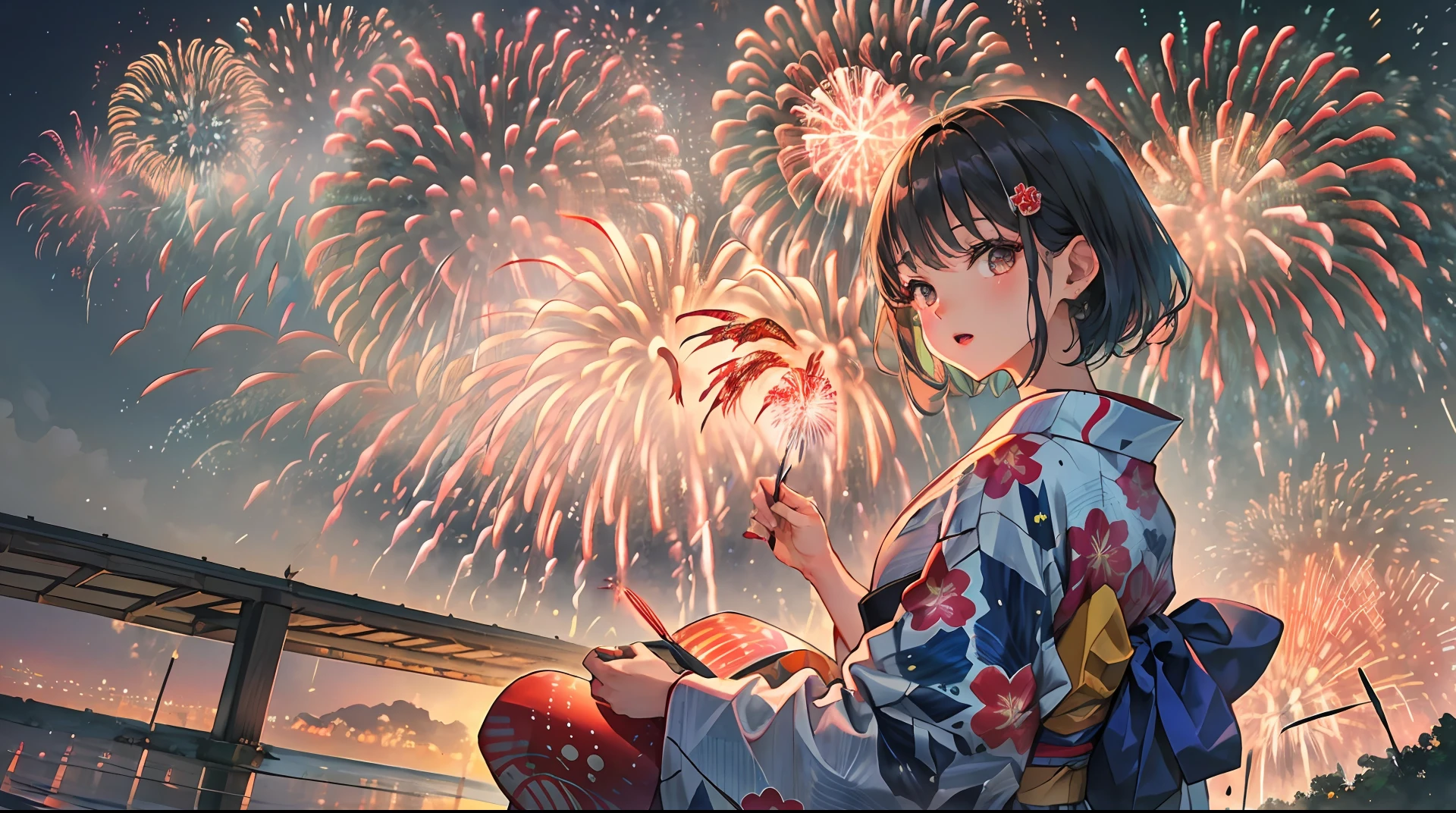 There is a woman wearing a yukata, Watch a spectacular fireworks display. Fireworks are huge and、Symbolizes the summer nights of the Japan's traditional festivals. (((Woman impressed while staring at fireworks))). (Illustrations are of high quality).((Transparent overall)),Fireworks are great