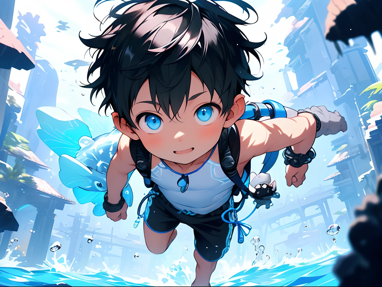 (boldline:-1.6), (floating:2), (water drop:1.4), (under water:1.8), (raising arms:1.5), (raising legs:1.3), (best quality:1.3), (absolutely resolution:1.3), (ultra detailed:1.3), (masterpiece:1.3), (perfect face:1.5), (detailed face:1.5), (detailed eyes:1.5), (cute face), (shota:1.7), (topless:1.5), BREAK (wearing goggles:1.8), (white loincloth:1.5), (bulge:1.5), (see through wet clothes), (skinny:1.3), (spiked hair), BREAK (light blue hair:1.4), (smiling:1.5), (wine red eyes:1.3), (eyes with high light), ((mole under eye)), ((earrings)), (shiny skin:1.3), BREAK (in sea:1.5), (group colorful small fishes:1.5), (bubble:1.3), (wind blowing:1.5), (nipple), (abs), (groin), wide angle, ((from below)), face focus,
