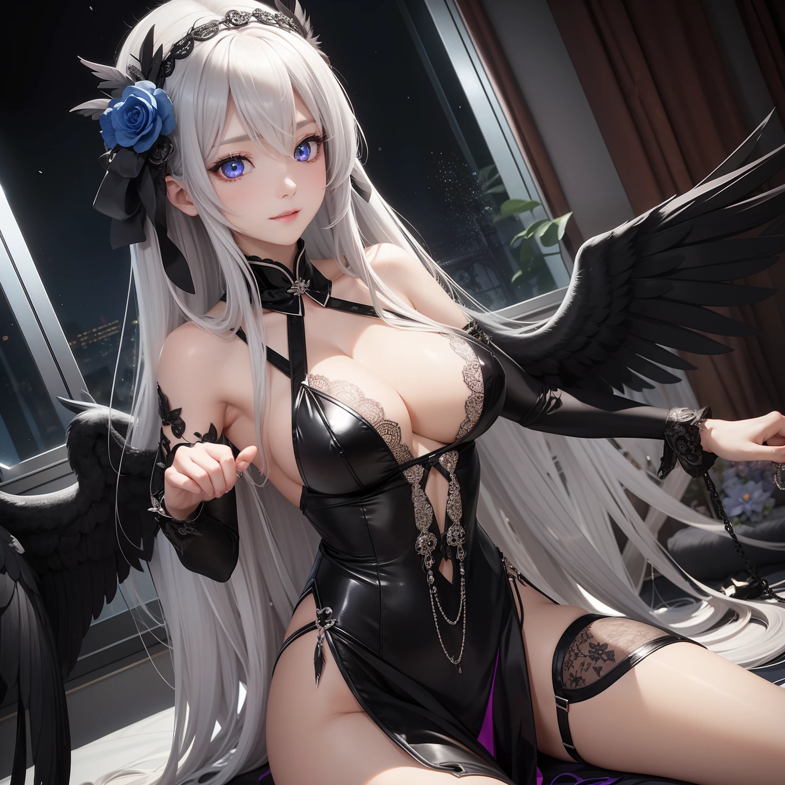 detaileds、very long silver hair、albedo、Succubus、Black wings、独奏、big cute eye、The pupil is a pink pupil、The inside of the eye sparkles like a diamond、Tight clothes、sexy pose、A little erotic、Cool black feathers on dance background、Background surrounded by blue flowers、high-level image quality、细致背景、Invisible chest、The corners are black、Black wings、Very pretty woman、Be realistic、Blue roses near the corner、Sleep in bed、Unprotected pose