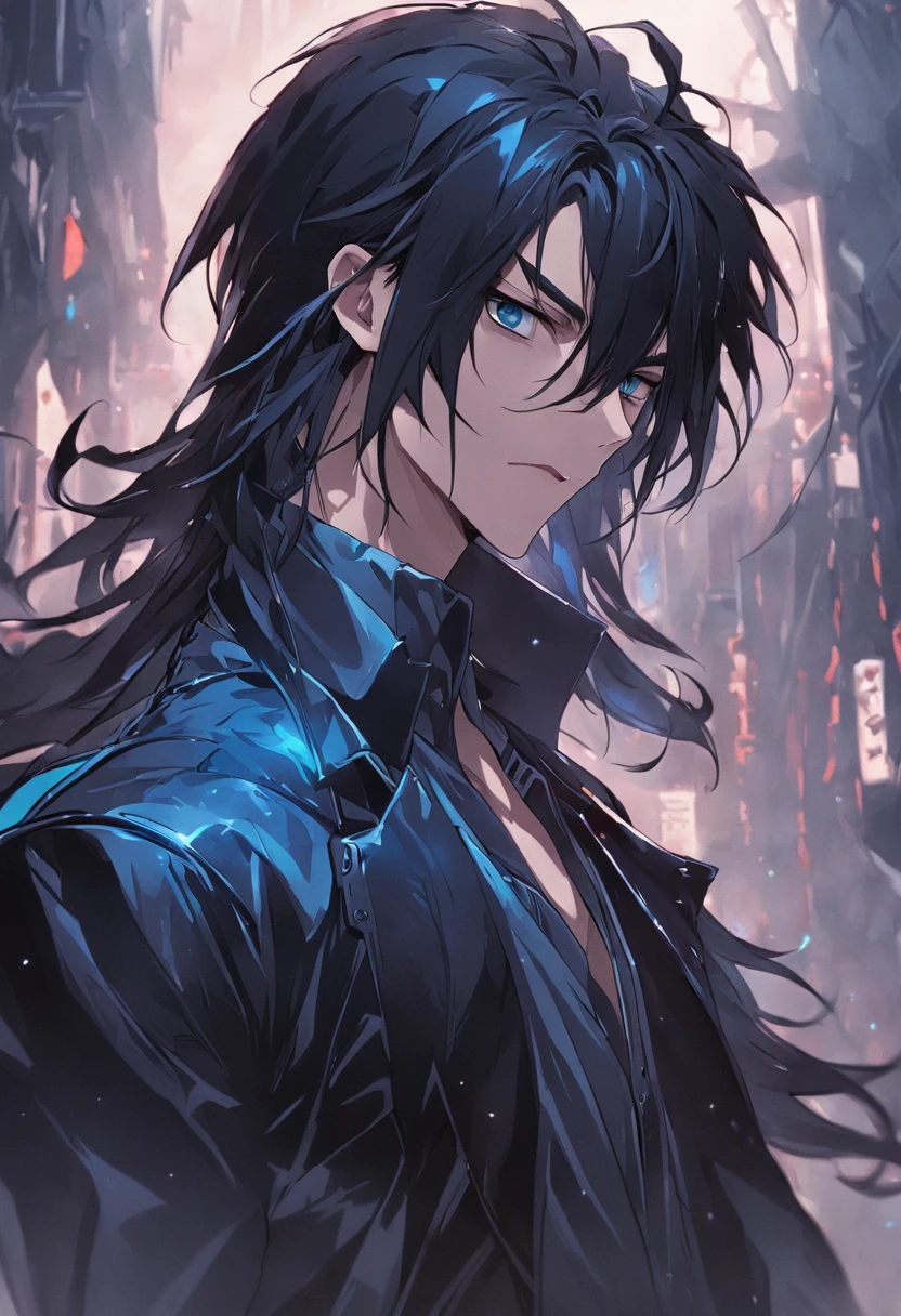 1guy, Gorgeous Dapper Devil Man with Perfect Balance of Male and Female Traits, stunning long black hair, Black leather jacket, Leather pants black and blue tetradic color, Perfect Anatomy, Seductive eyes, 8K resolution, (Single person), masutepiece, Perfect face:1.2), Intricate details, Detailed background of the street, 32K, Covered navel, Full lips, Curvy Man, Cinematic lighting,