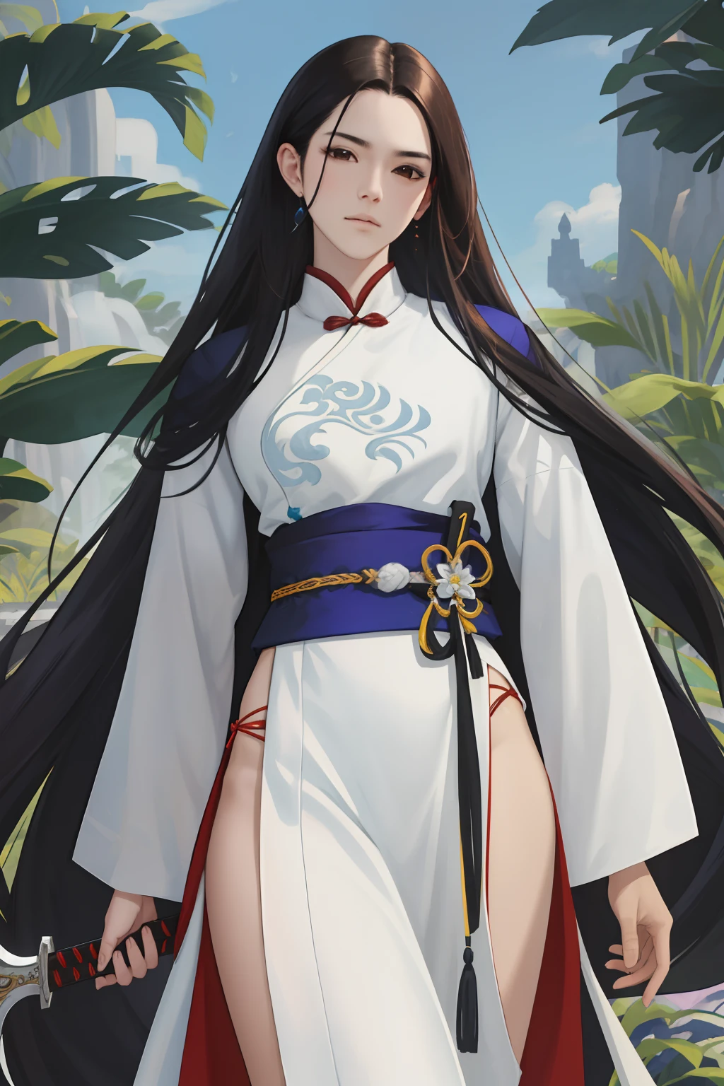 NSFW, obra-prima, melhor qualidade, ultra-detalhado, semi-realista, detailedfacialfeatures, 1woman,usando roupas velha wuxia chinesa,ardilosa,cabelos negros longos e olhos negros,roupa vermelha e negra,holding a long sword in his left hand,olhar arrogante,insensivel,voluptuosa,bonita e sensual