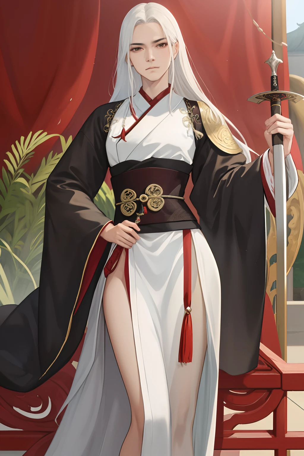 NSFW, obra-prima, melhor qualidade, ultra-detalhado, semi-realista, detailedfacialfeatures, 1woman,usando roupas velha wuxia chinesa,ardilosa,cabelos negros longos e olhos negros,roupa vermelha e negra,holding a long sword in his left hand,olhar arrogante,insensivel,voluptuosa,bonita e sensual