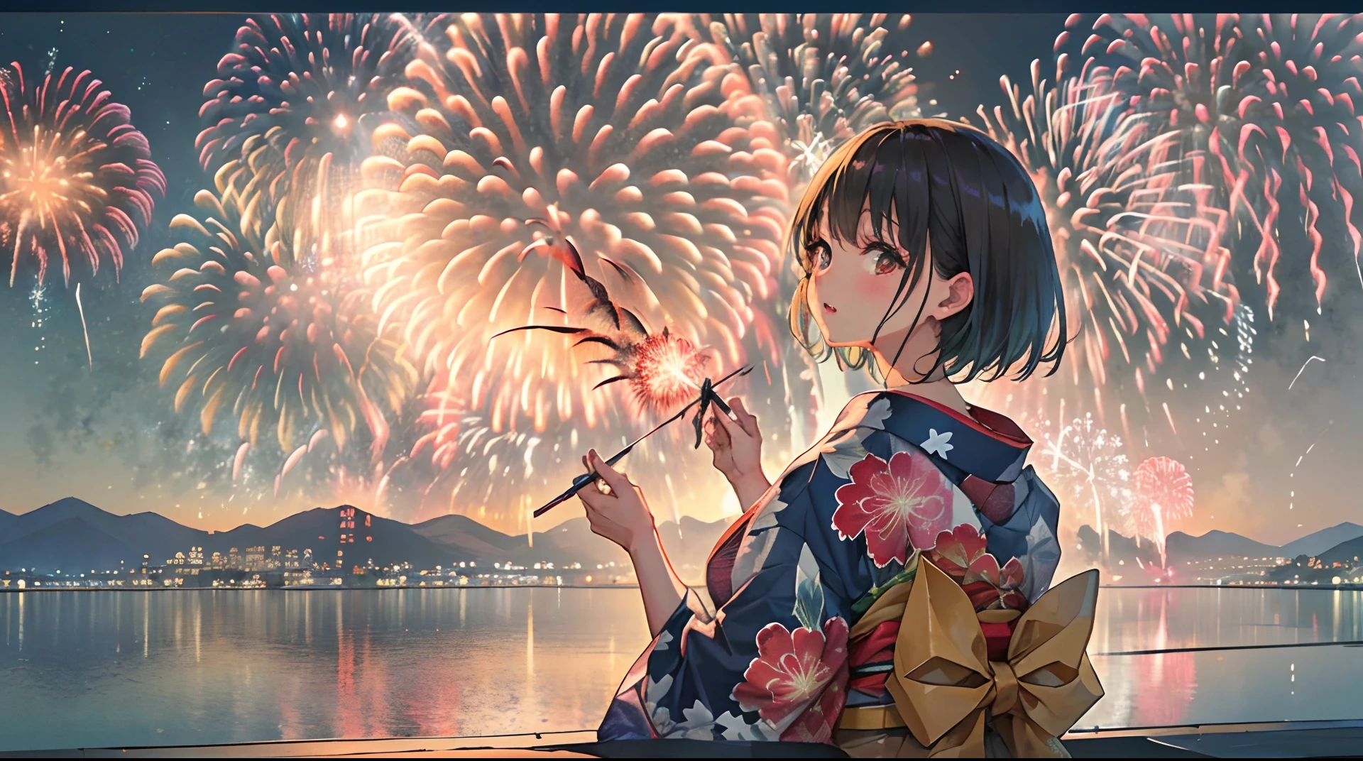 There is a woman wearing a yukata, Watch a spectacular fireworks display. Fireworks are huge and、Symbolizes the summer nights of the Japan's traditional festivals. (((Woman impressed while staring at fireworks))). (Illustrations are of high quality).((Transparent overall)),Fireworks are great