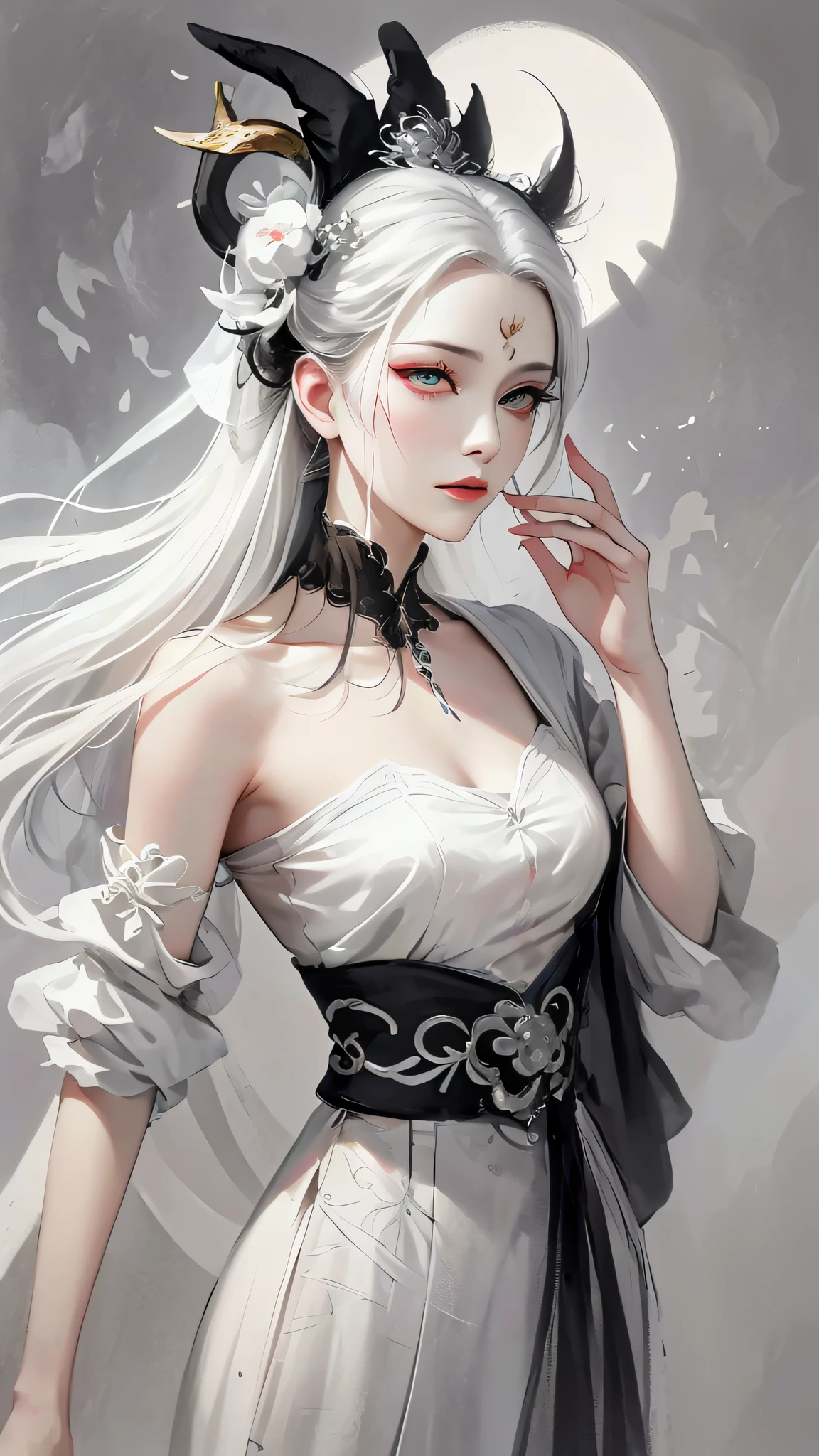 close-up of a woman with white hair and white mask,Belle peinture de personnage,Costume black and white ink style,The face is detailed and colorful,aquarelle,Pale,Martial arts style,National style,A delicate and beautiful face,Waist seal,Sharp eyes,long sword。