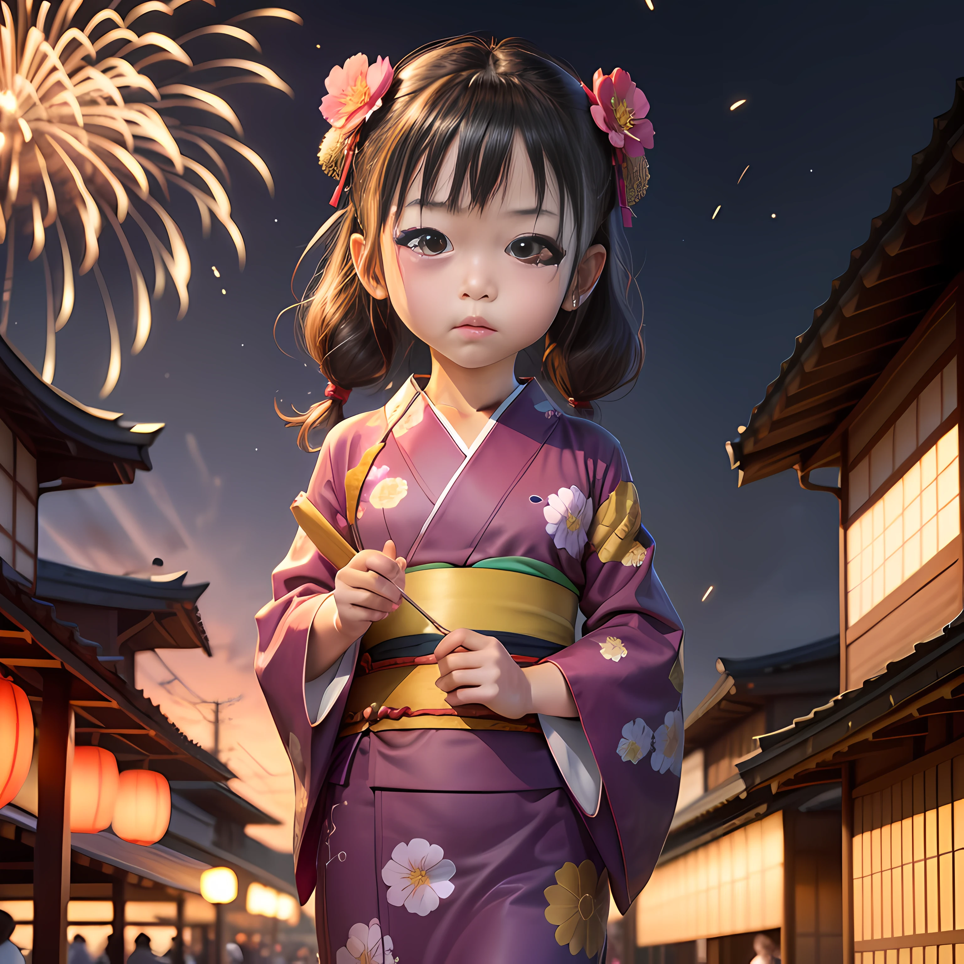 high-level image quality、masterpiece、8K、1little girl、A half body、Yukata、Festival of the Japan、food stand、Shot、Girl Shooting、lovely、innocent、Fireworks set off in the background、natta、Flushed face、Sweaty、sun burn