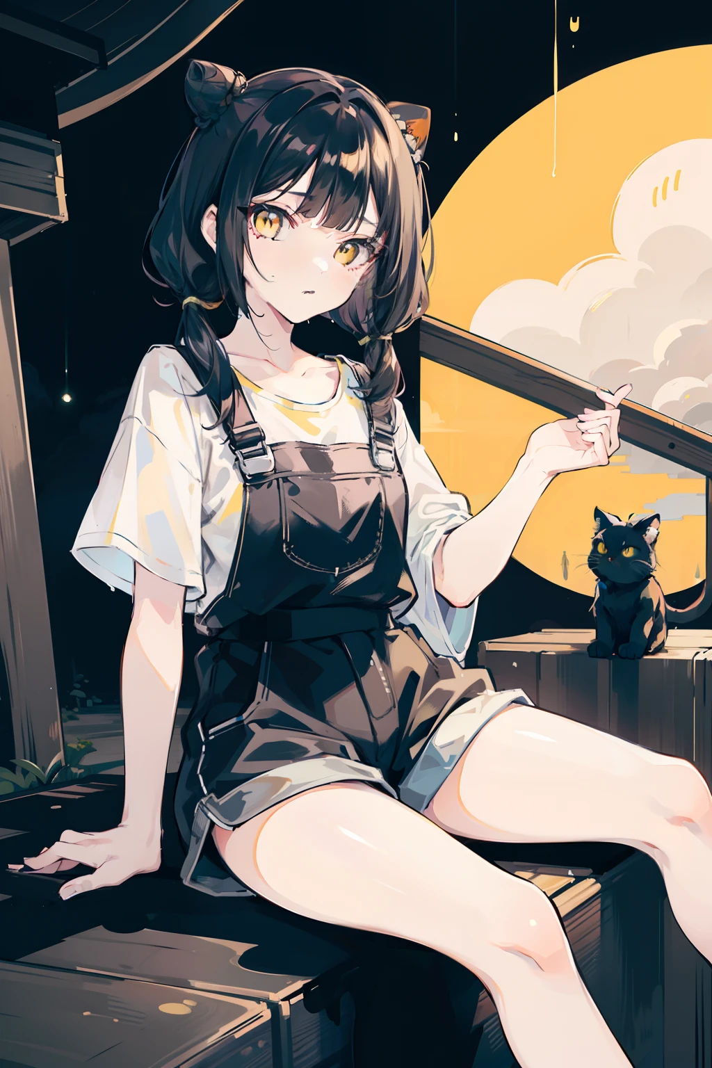 masterpiece, best quality, 1girl, solo, black hair, blunt bangs, (braided buns), ((short twintails)), yellow eyes, black overalls, sneakers, sitting on the wooden box, with one's hand in one's pocket, blowing bubble gum, expressionless, slightly offended, in the alleys, dark, (raining), (cloudy), in the night, with the moon, ((with the black cat which has yellow eyes))