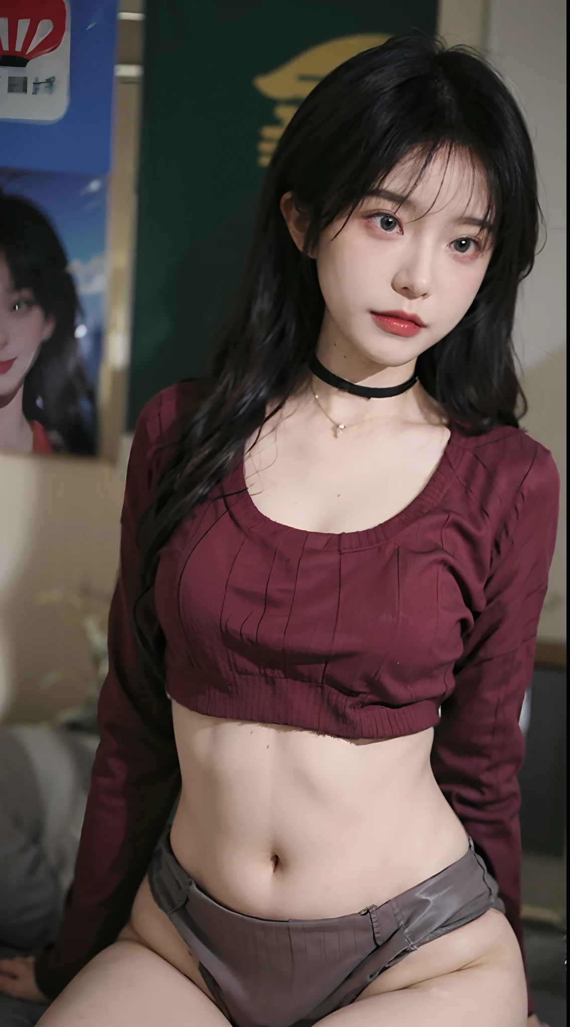 best qualtiy, 超高分辨率, (realisticlying:1.4),1girll, Baoyu Girl,lipsticks,,Cropped red sweater,a sense of atmosphere,Beautiful woman with a slim figure:1.4, Abs:1.1, 浴室,Ultra-fine face,Leather clothes,Elaborate Eyes,二重まぶた,choker necklace