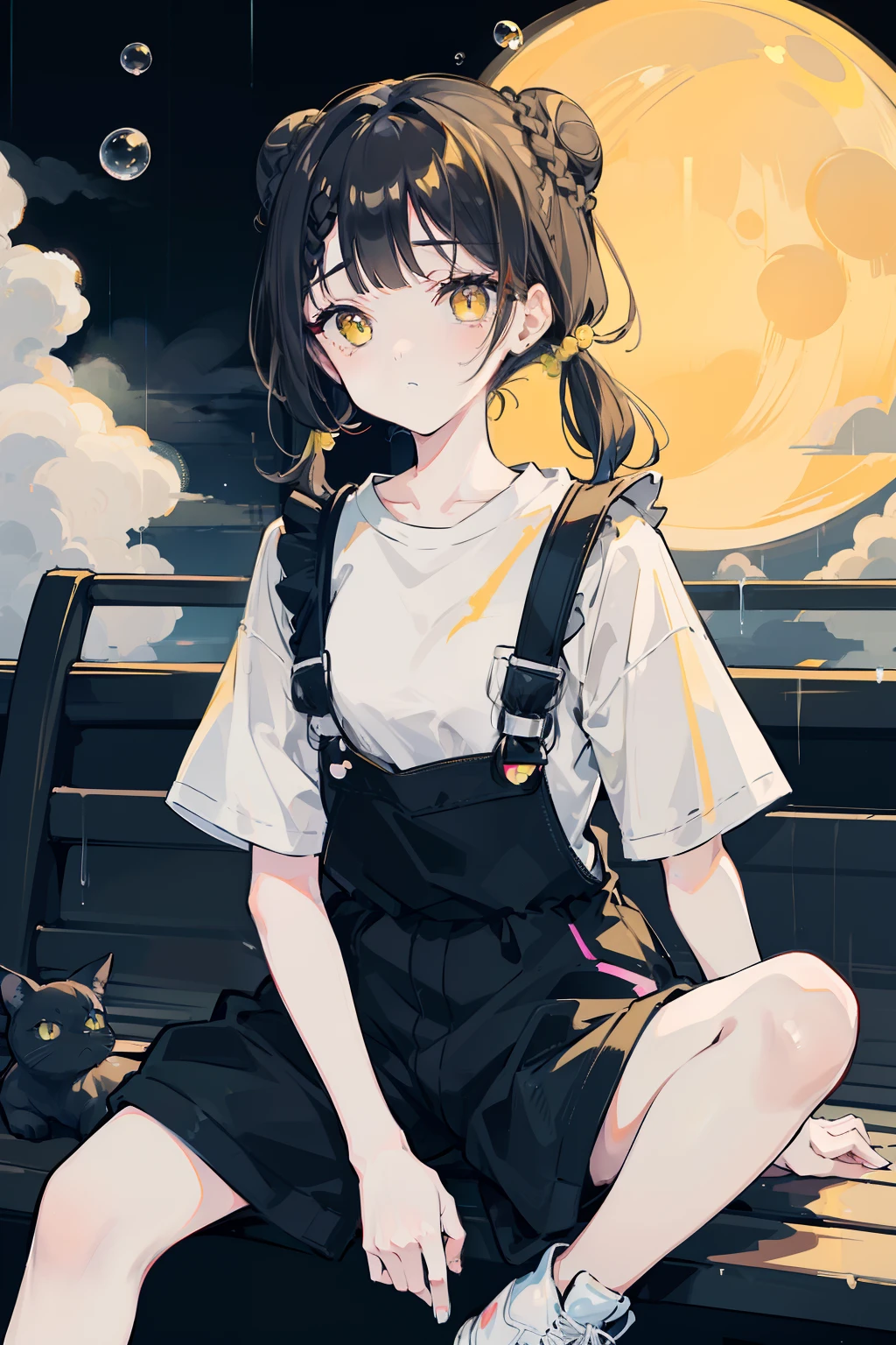 masterpiece, best quality, 1girl, solo, black hair, blunt bangs, (braided buns), ((short twintails)), yellow eyes, black overalls, sneakers, sitting on the wooden box, with one's hand in one's pocket, ((blowing bubble gum)), expressionless, slightly offended, in the alleys, dark, (raining), (cloudy), in the night, with the moon, ((with the black cat which has yellow eyes))
