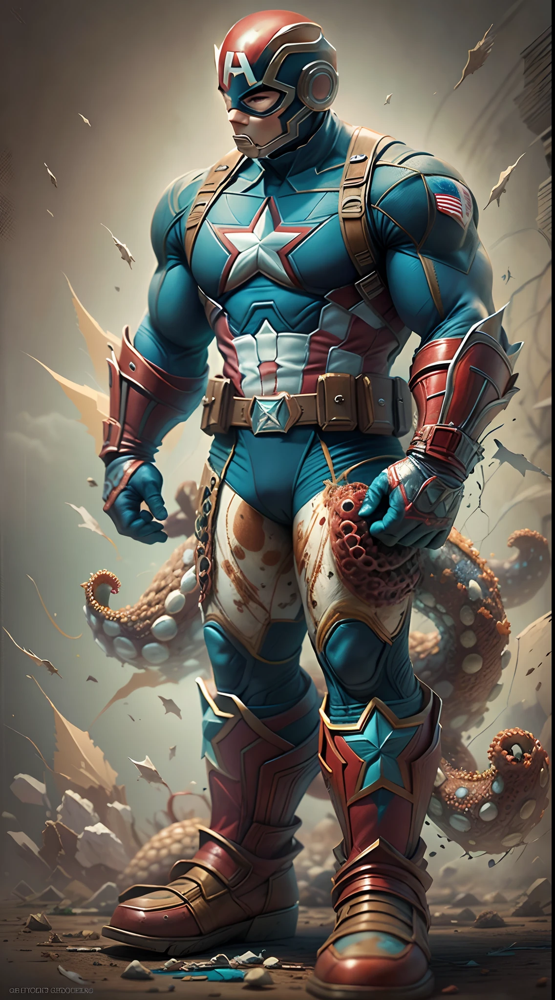 The image presents a creative and unusual representation of the "Captain America" na forma de um polvo. In this unique merger, the distinctive elements of Captain America blend surprisingly with the characteristics of an octopus, resultando em uma figura cativante.

The octopus' body is stylized with Captain America's iconic shield, agora incorporado como parte integrante do corpo do polvo. Its eight tentacles feature the characteristic colors and stars of the hero's uniform, criando um efeito visual impactante.

The octopus' eyes are expressive and reflect Captain America's determination and courage. His expression is confident and vigilant, conveying the feeling of a tireless guardian.

A paleta de cores inclui o vermelho, blue and white characteristic of Captain America's uniform, contrastando com a tonalidade natural do polvo. detalhes sutis, como as estrelas no corpo do polvo, strengthen the fusion between the two elements..

This image provides an intriguing and unique interpretation of Captain America, apresentando-o sob uma nova perspectiva como um polvo heroico. It evokes a sense of surprise and wonder, convidando o espectador a explorar as possibilidades criativas de combinar diferentes elementos de maneira imaginativa.