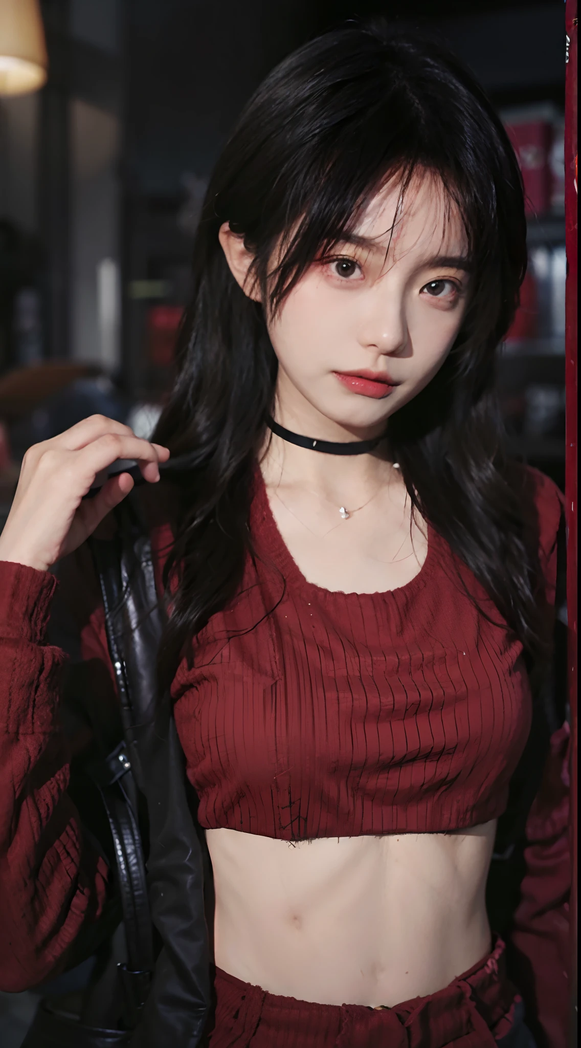 best qualtiy, 超高分辨率, (realisticlying:1.4),Baoyu Girl,lipsticks,1girll, ,Cropped red sweater,a sense of atmosphere,Beautiful woman with a slim figure:1.4, Abs:1.1, 浴室,Ultra-fine face,Leather clothes,Elaborate Eyes,二重まぶた,choker necklace