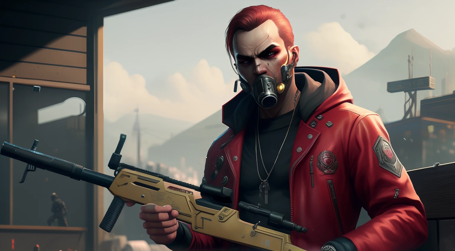 Man with a gas mask holding a rifle in a city, Captura de tela do videogame de 2020, no estilo de jogo 8k, novo personagem, gta personagem, valorant character, Detalhes do caractere 8K, Como o protagonista de GTA 5, Cyberpunk Rua Goon, jett de valorant, estilo de arte fotorrealista, Iconic character of high detail, estilo de arte realista