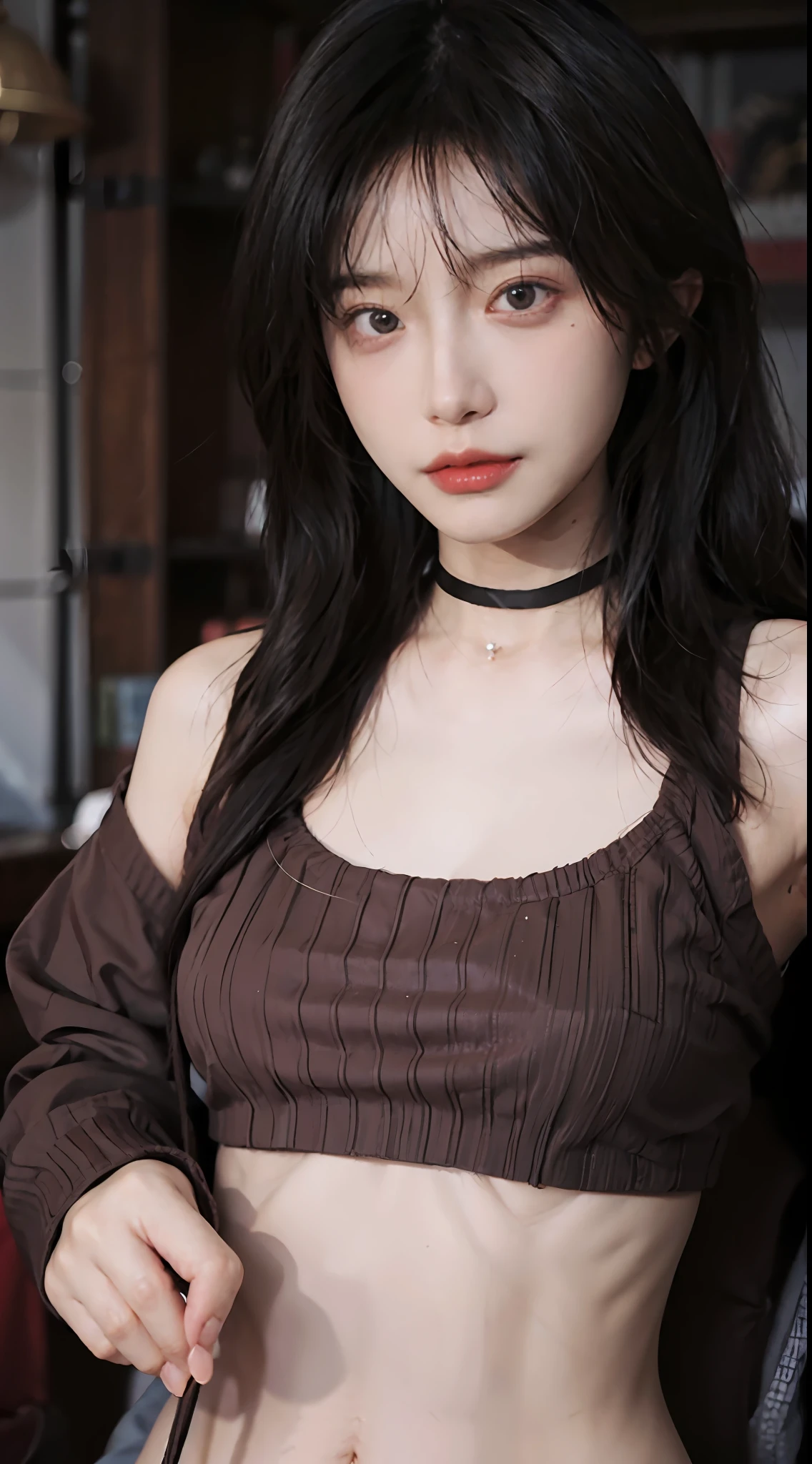 best qualtiy， 超高分辨率， （realisticlying：1.4），Baoyu Girl，lipsticks，1girll, ,Cropped red sweater，a sense of atmosphere，Beautiful woman with a slim figure:1.4, Abs:1.1,   浴室,Ultra-fine face，Leather clothes，Elaborate Eyes，二重まぶた，choker necklace