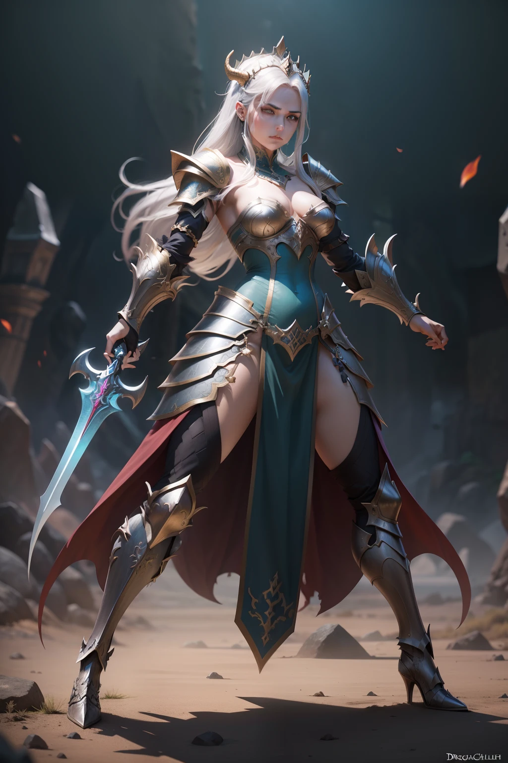 dragolich female character two swords fantasy full body armor fighter queen dragon tamer fantasy background action pose more armor serious face real face armor full body