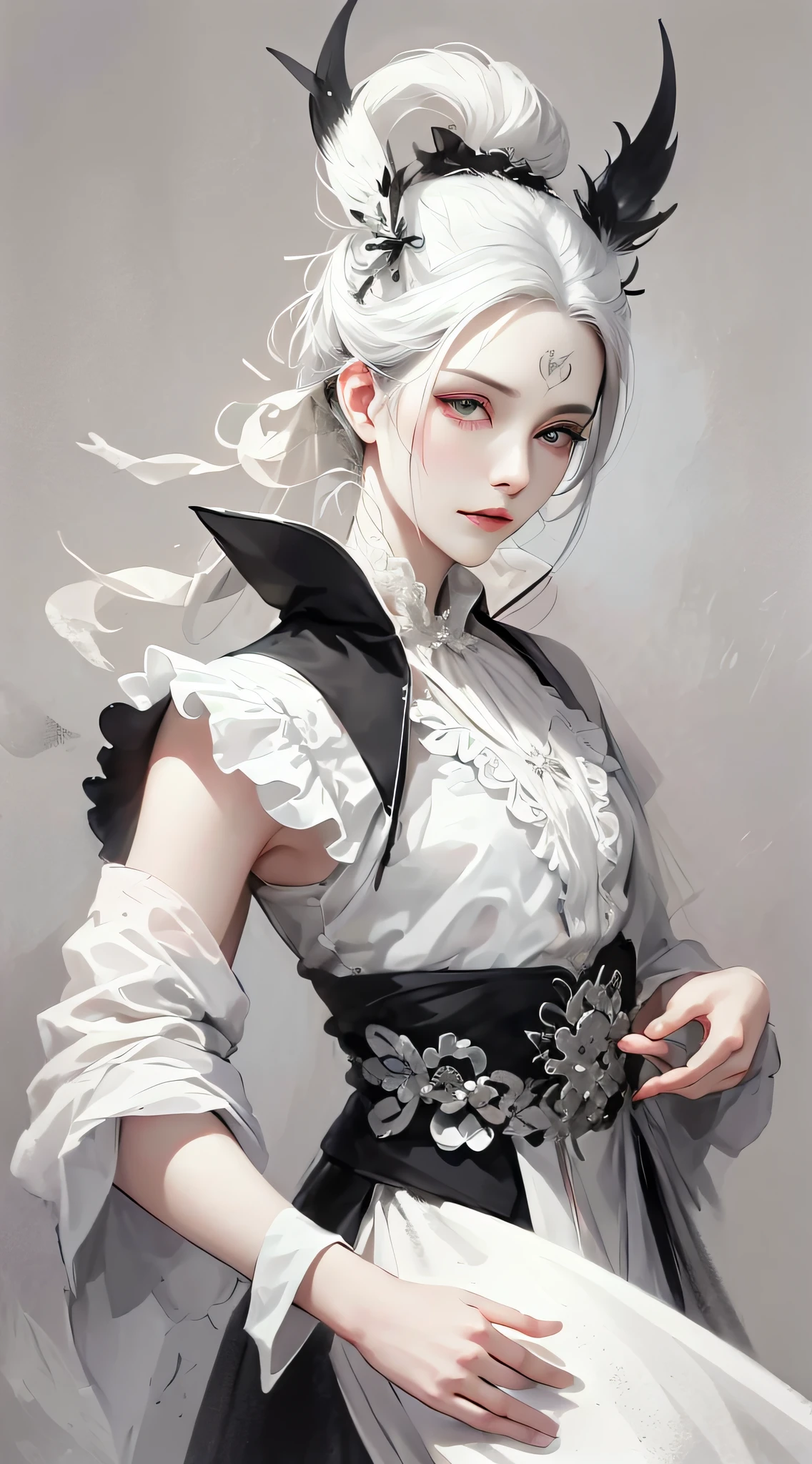 a closeup of a man with white hair and a white mask,Belle peinture de personnage,Costume black and white ink style,The face is detailed and colorful,aquarelle,Pale,Martial arts style,National style,A delicate and beautiful face,Waist seal,Sharp eyes