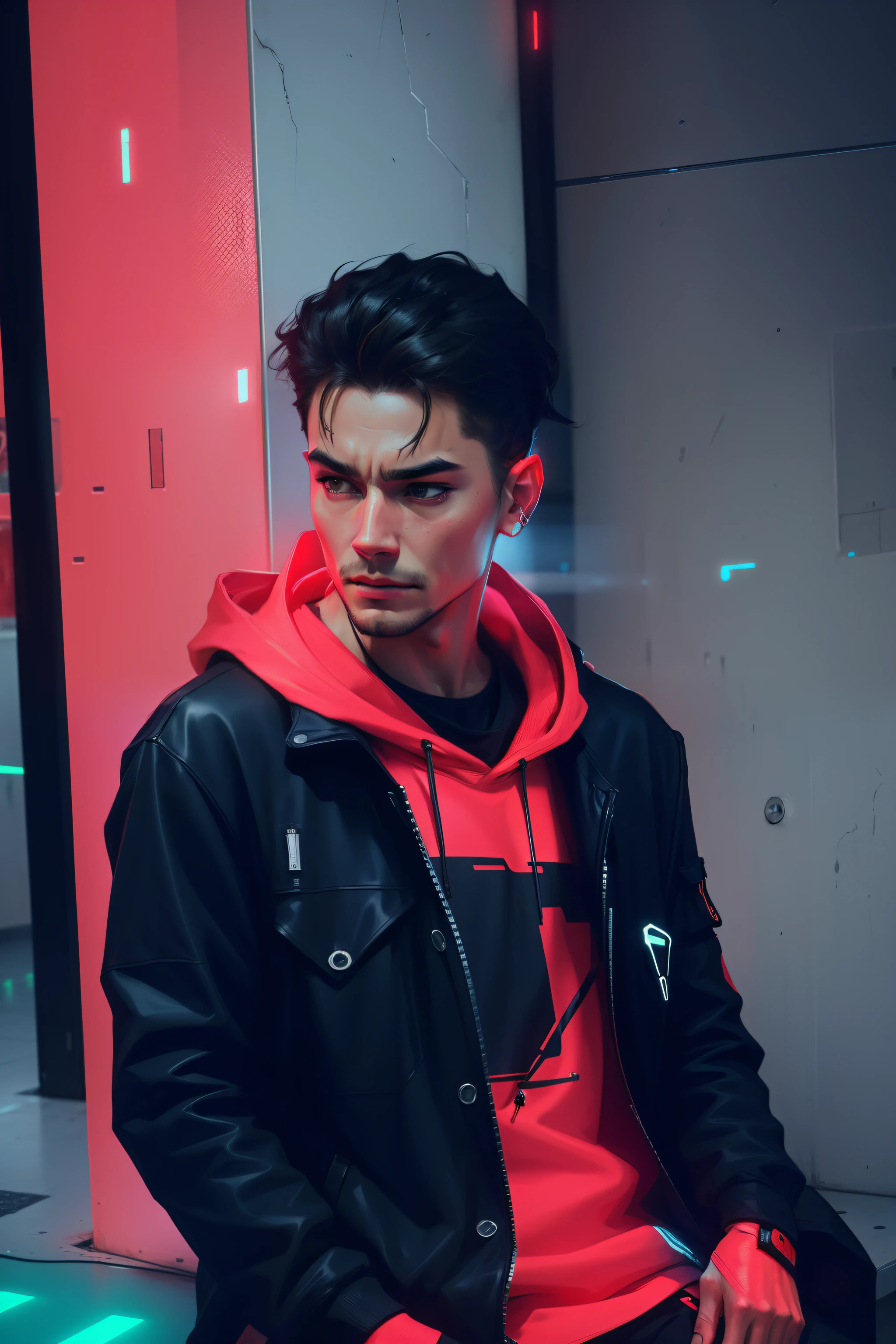 Realistic face, realistic skin, realistic pitch black hoodie with neon red line, cyberpunk background