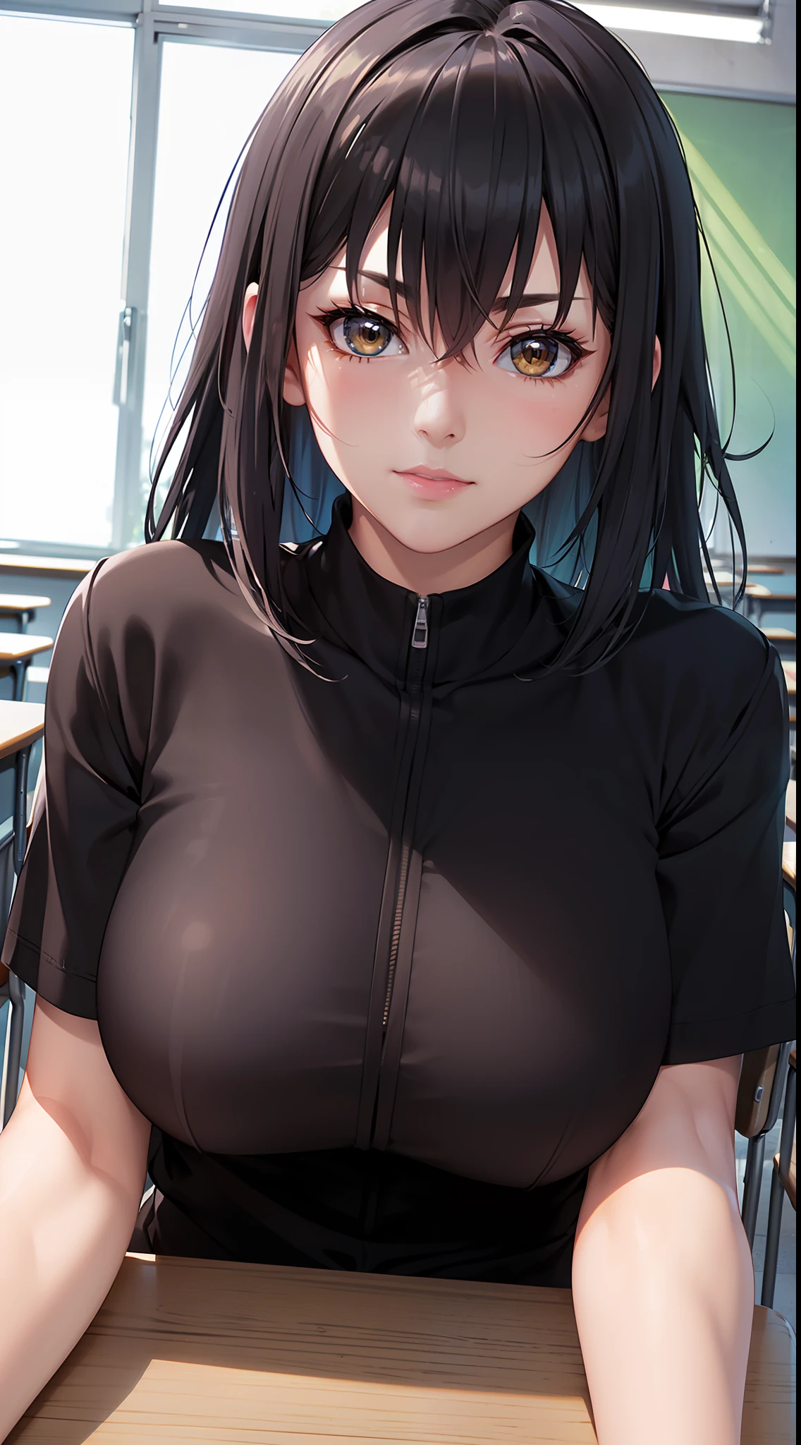 professional artwork, Intricate Details, field of view, sharp focus, detailed painting, photorealistic lighting, trending on pixiv,(masterpiece:1.0),(best_quality:1.0), ultra high res, ultra-detailed, photography, 8K, HDR, highres, absurdres:1.2, Kodak portra 400, film grain, sharp focus, bokeh:1.2, lens flare, (vibrant_color:1.2), (((indoors, classroom, classroom details, sitting on chair, perfect anatomy sitting, leaning to table))),
female mature, black hair, long hair, yellow eyes, large breasts, japanese student, student outfit, formal, hair intakes, 35yo,mature female,Beautiful Finger,Beautiful long legs,Beautiful body,Beautiful Nose,Beautiful character design, perfect eyes, perfect face, looking at viewer, official art,extremely detailed CG unity 8k wallpaper, (Beautiful,large_Breasts:1.4), (beautiful_face:1.5),(narrow_waist), (solo:1.4), (upper body, half body shot),