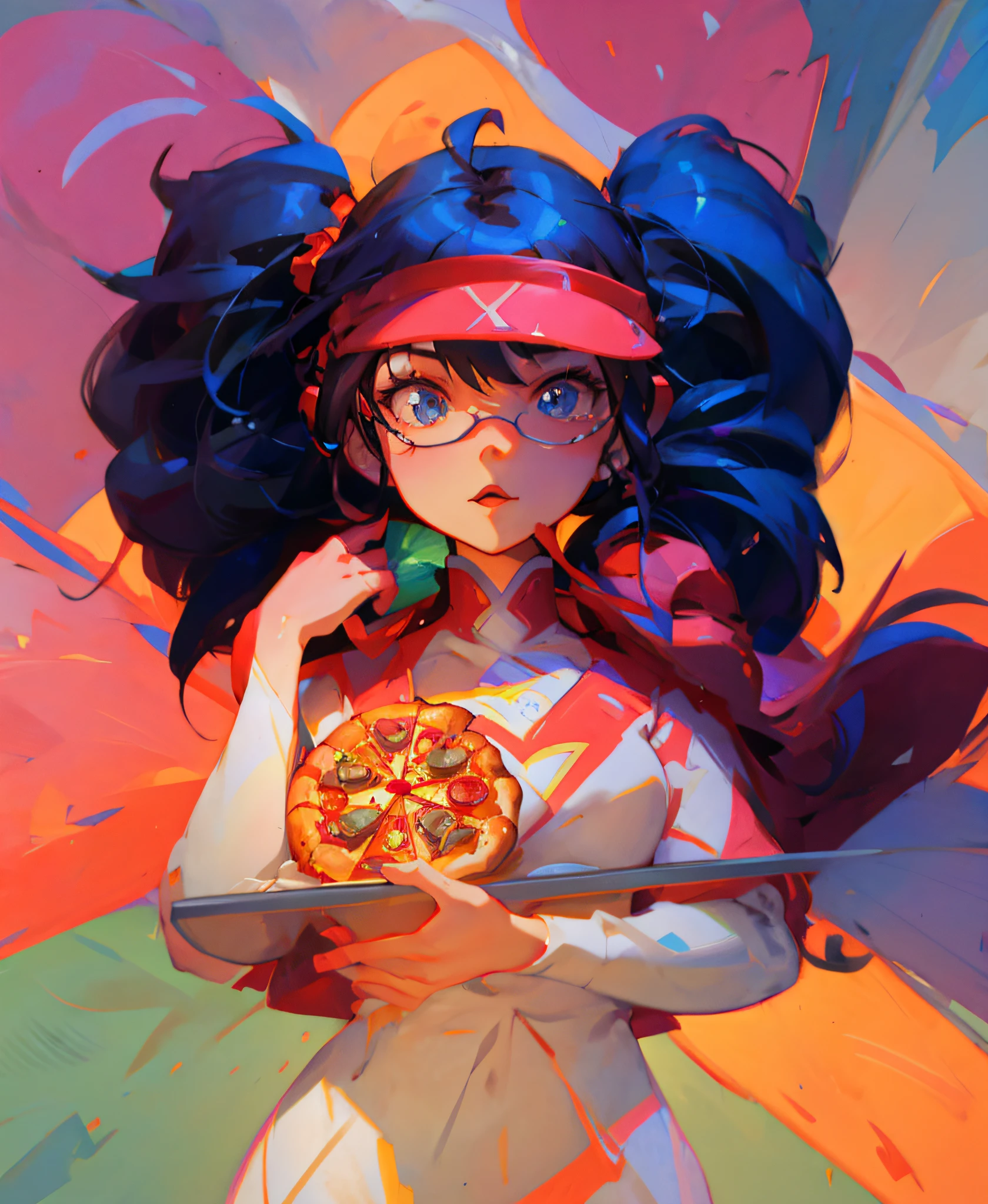 There's a woman with a plate of pizza in her hands, arte de anime digital detalhada, Digital anime illustration, arte digital estilo anime, Artgerm e Atey Ghailan, rossdraw desenho animado vibrante, Lois van Baarle e Rossdraw, arte de anime digital, Arte digital Ilya Kuvshinov, Artgerm e Ilya Kuvshinov