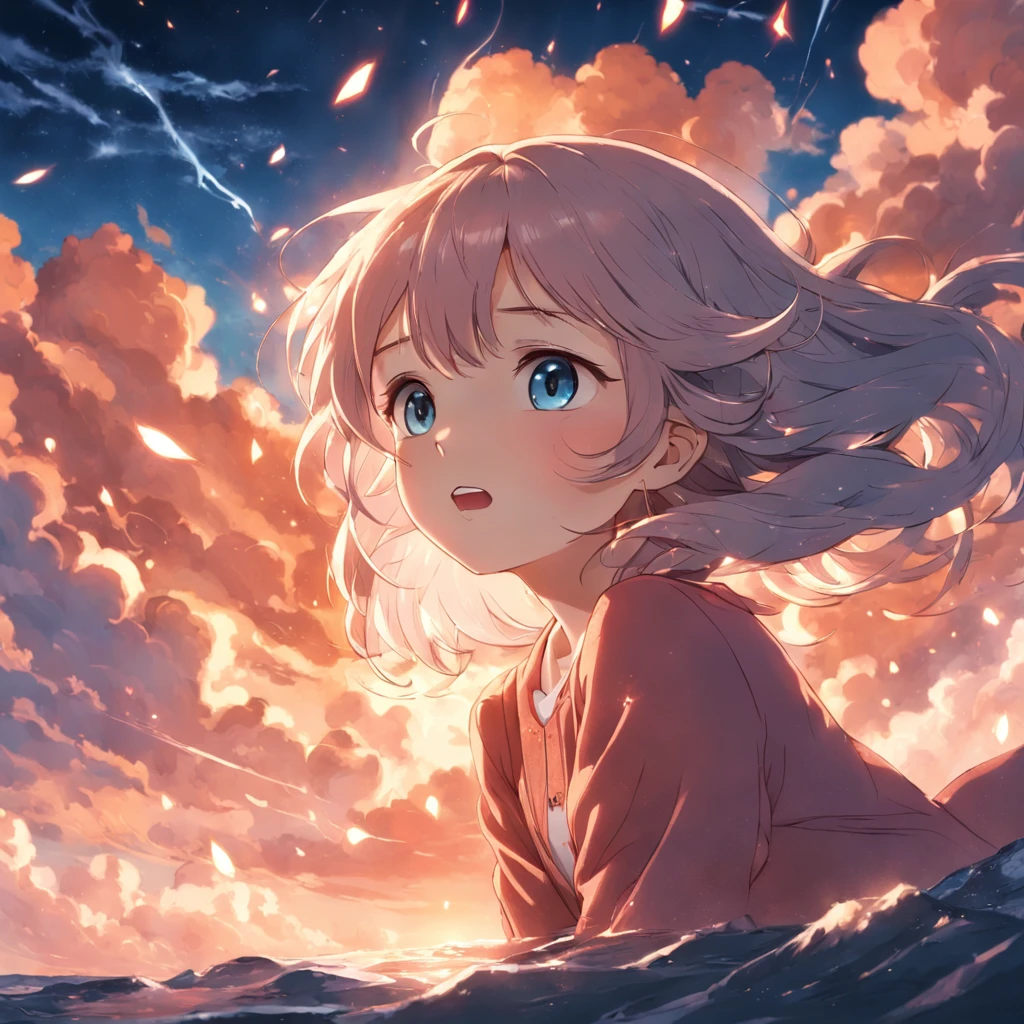 masterpiece, best quality, movie still, 1girl, cloud girl, floating in the sky, close-up, bright, happy, warm soft lighting, sunset, (sparks:0.7)
