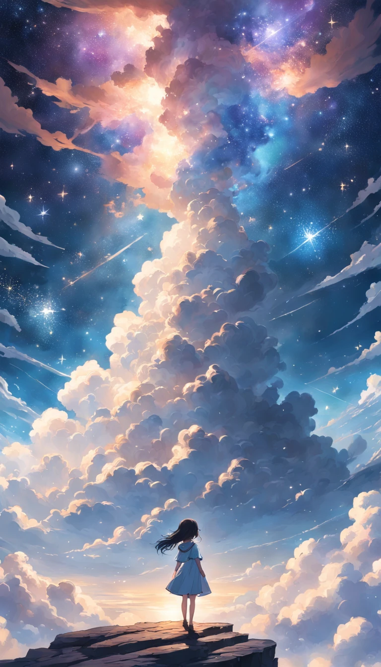 Step into a world of wonder and ethereal beauty, where reality and dreams intertwine. Visualize an awe-inspiring scene - a breathtaking view of a sea of stars, shimmering brilliantly above a blanket of fluffy clouds. In the foreground, a young girl stands on a cloud, her silhouette poised against the celestial panorama. BREAK Describe the girl's stance as she gazes up at the vast expanse of twinkling stars, capturing her sense of awe and reverence. Explore the emotions evoked by the scene - a mix of wonder, curiosity, and a deep connection to the vastness of the universe. Consider the significance of this moment for the girl - is she contemplating her place in the cosmos, seeking solace or inspiration, or perhaps embarking on a celestial journey of her own? BREAK Craft a brief narrative or evoke a sense of atmosphere, using evocative language to emphasize the surreal and otherworldly nature of the scene. Explore the interplay between the tangible and the intangible - the solid cloud beneath her feet contrasting with the infinite expanse of stars above. Consider incorporating sensory details such as the soft touch of the cloud, the sound of distant celestial music, or the faint scent of stardust in the air.