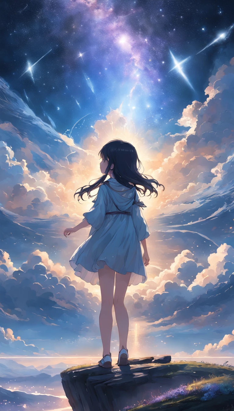 Step into a world of wonder and ethereal beauty, where reality and dreams intertwine. Visualize an awe-inspiring scene - a breathtaking view of a sea of stars, shimmering brilliantly above a blanket of fluffy clouds. In the foreground, a young girl stands on a cloud, her silhouette poised against the celestial panorama. BREAK Describe the girl's stance as she gazes up at the vast expanse of twinkling stars, capturing her sense of awe and reverence. Explore the emotions evoked by the scene - a mix of wonder, curiosity, and a deep connection to the vastness of the universe. Consider the significance of this moment for the girl - is she contemplating her place in the cosmos, seeking solace or inspiration, or perhaps embarking on a celestial journey of her own? BREAK Craft a brief narrative or evoke a sense of atmosphere, using evocative language to emphasize the surreal and otherworldly nature of the scene. Explore the interplay between the tangible and the intangible - the solid cloud beneath her feet contrasting with the infinite expanse of stars above. Consider incorporating sensory details such as the soft touch of the cloud, the sound of distant celestial music, or the faint scent of stardust in the air.