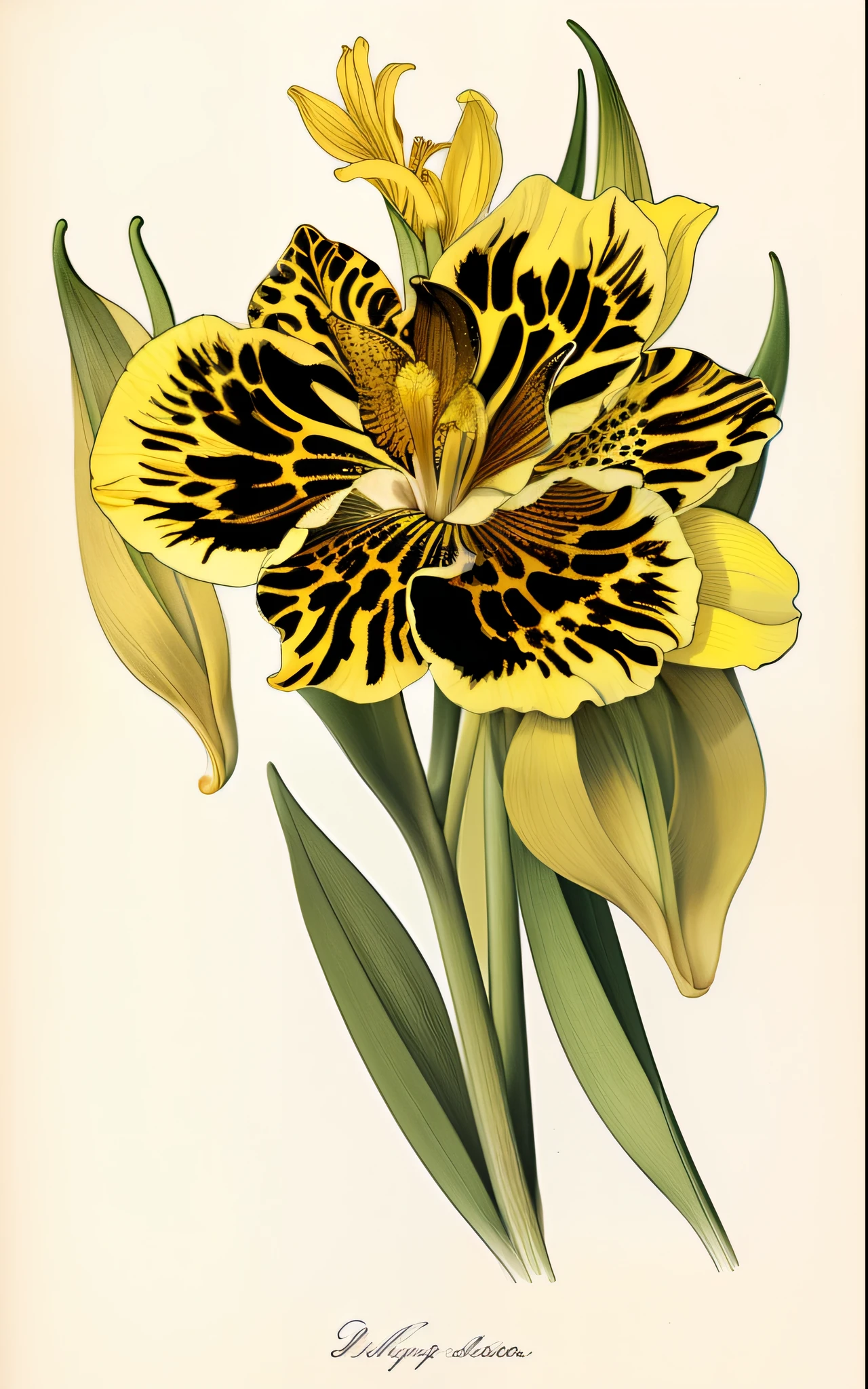There is a drawing of a yellow flower with black spots, botanico, full-colour illustration, gravura em litografia colorida, full-colour illustration, Maria Sybilla Merian, botanical illustration, Directed by: Elizabeth Jane Lloyd, yellow irises, Arte ilustrativa de 1900, full-colour illustration, Iris Compiet, irises, botanical art, botanical art, Directed by: Julius Exner, flor, orquidea