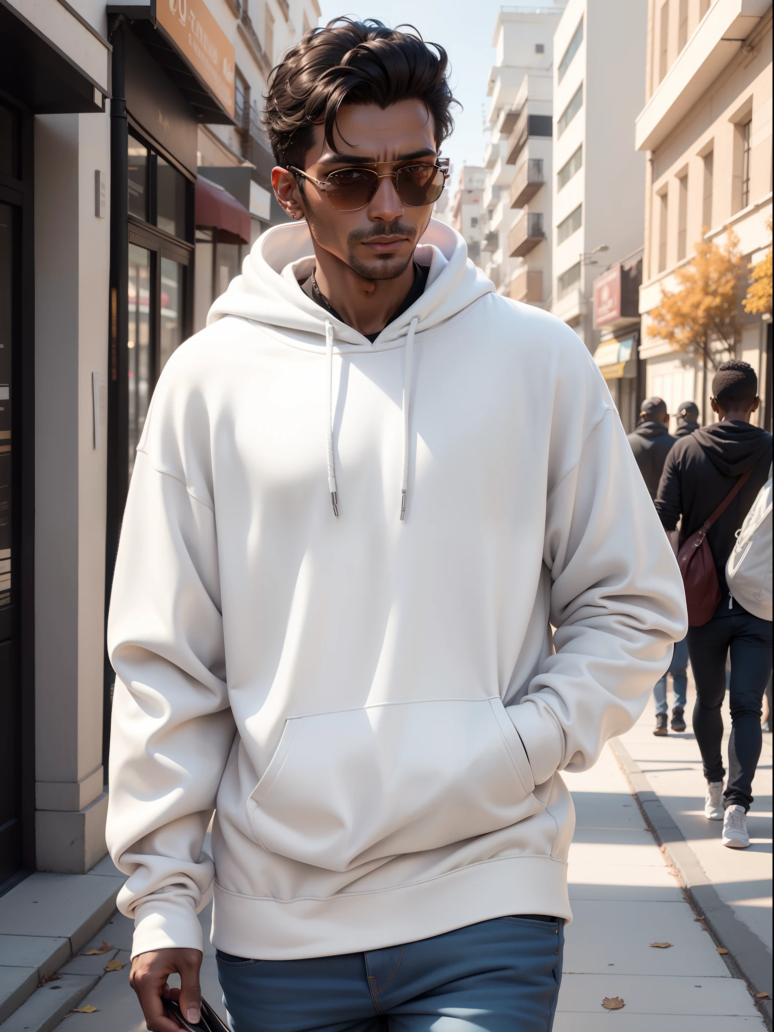 An Arapi man wearing a white sweatshirt and sunglasses walks down the street, 2 0 2 3 Fashionable, Wear a light sweatshirt, casual modern clothing, Wearing a white sweatshirt, fall season, With sunglasses, Wear a sweatshirt, calvin klein, lifestyle, casual clothing style, Wear a loose sweatshirt, Autumn, Wear a cotton sweatshirt, Casual clothing