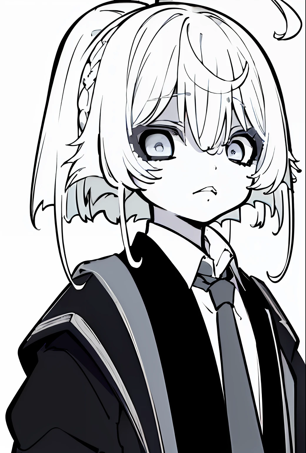 (((masterpiece, illustration, strong outlines)), monochrome, chiaroscuro, (simple background, transparent background, exotic simple background), a japanese girl, suit, black jacket, white shirt, black necktie, serious face, shaded face, hair between eyes, dead eyes, white hair, french braid, short hair, high contrast