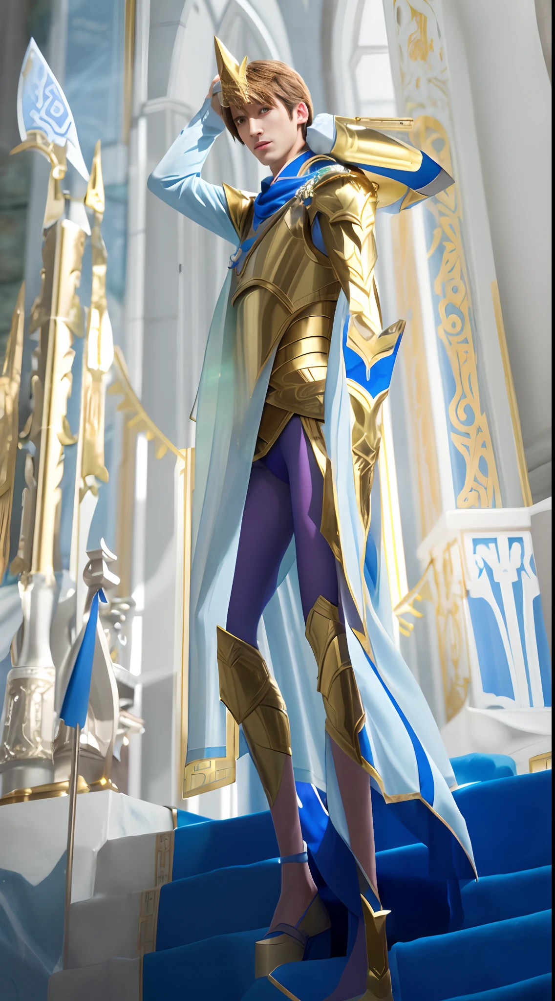 there is a man that is holding a sword in his hand, arsen lupin as a paladin, male paladin, a human male paladin, gold paladin, lance, full portrait of magical knight, paladin, keqing from genshin impact, holy paladin, inspired by Huang Shen, paladin!, fantasy paladin, sylas