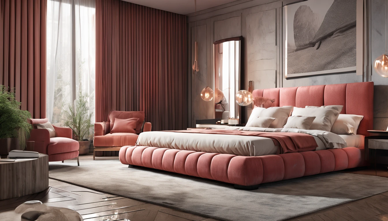 (professional 3d rendering:1.5) af (Actual:1.1) world's best artwork, ((fully furnished royal luxury bedroom, light red tones)), system rendering best 8k, very good light, extremely detailed, brilliant, photo-realistic, Realistic, Sharp focus, 8K , (Very detailed: 1.1), Sharp focus, illustration, (Illumination) globe, Studio lights, volumetric lighting), art station