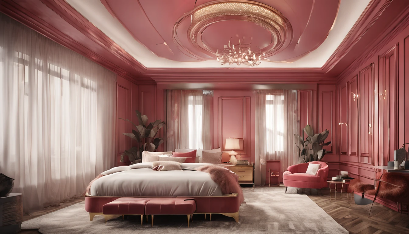 (professional 3d rendering:1.5) af (Actual:1.1) world's best artwork, ((fully furnished royal luxury bedroom, light red tones)), system rendering best 8k, very good light, extremely detailed, brilliant, photo-realistic, Realistic, Sharp focus, 8K , (Very detailed: 1.1), Sharp focus, illustration, (Illumination) globe, Studio lights, volumetric lighting), art station