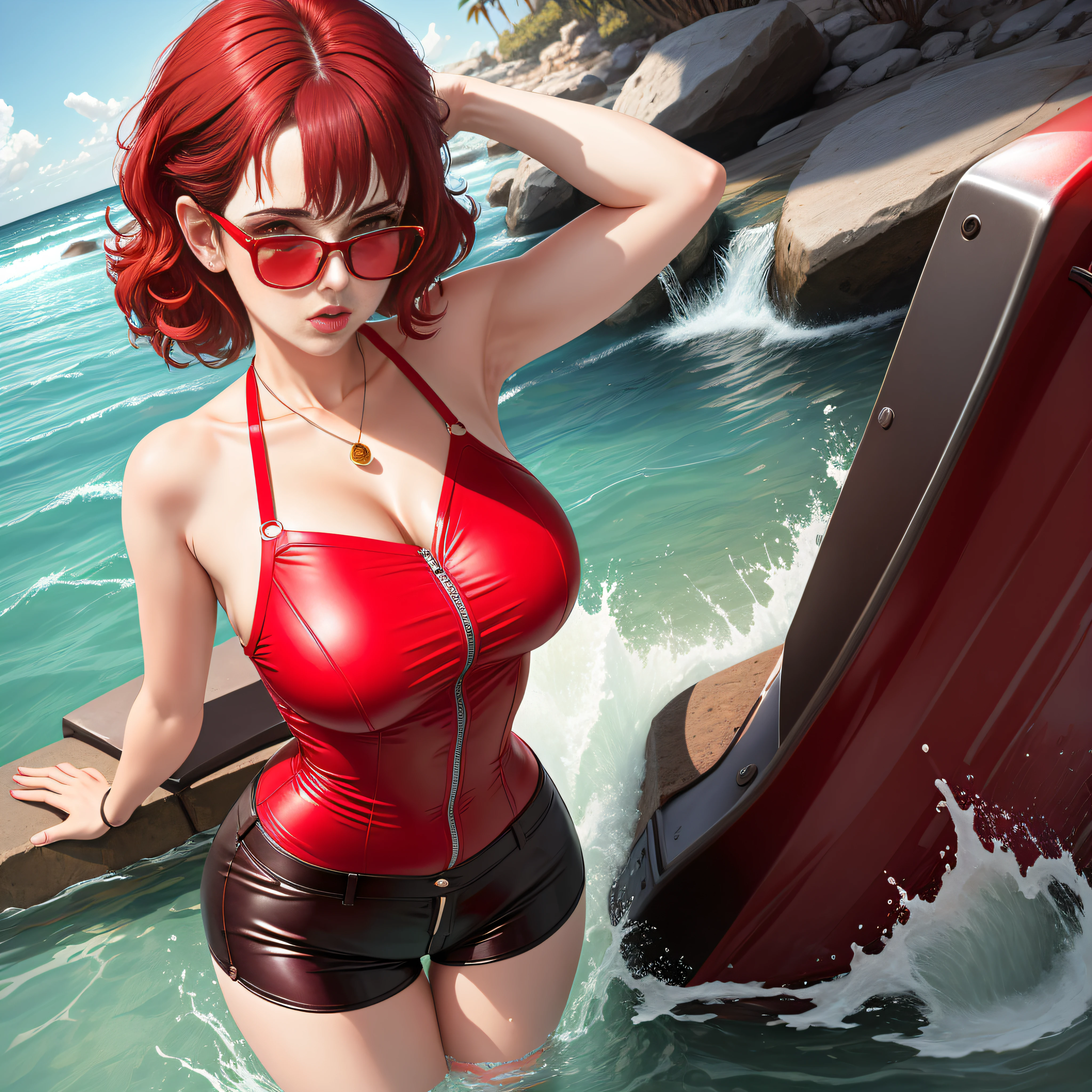 one woman in front of water station, Centre composition, red, red glasses, short pants, pin-up pose, sexy, dominant, erotic,
