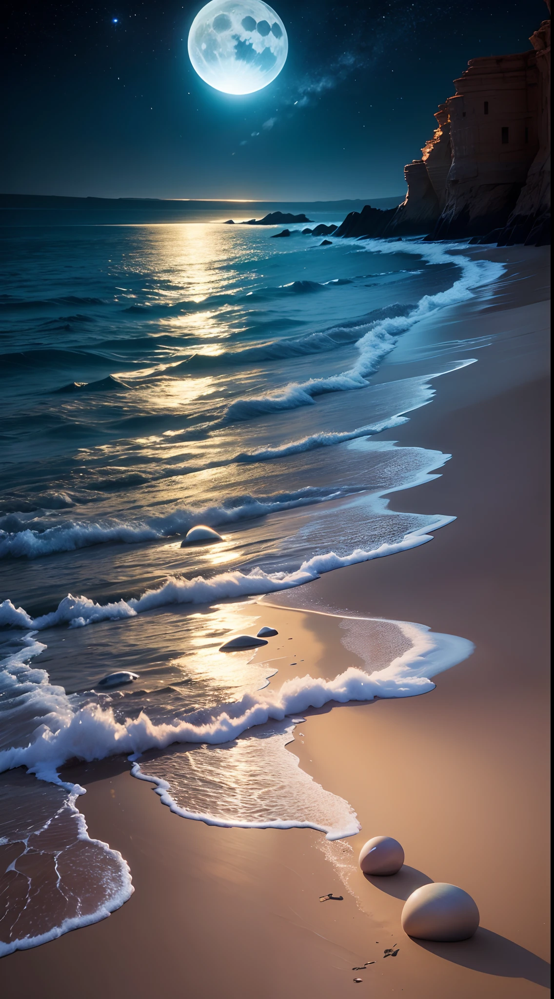 Arad image of a beach with pebbles and glowing stones, stunning light reflections, refracted moon sparkles, Magical beach, Bioluminescent spheres, author：Alexander Kucharisky, author：Alexei Venezyanov, beautiful moon light, beautiful moon light, author：Jan Rustham, sandy white moon landscape, breathtaking composition, Ocean specularism, glowing reflections --auto